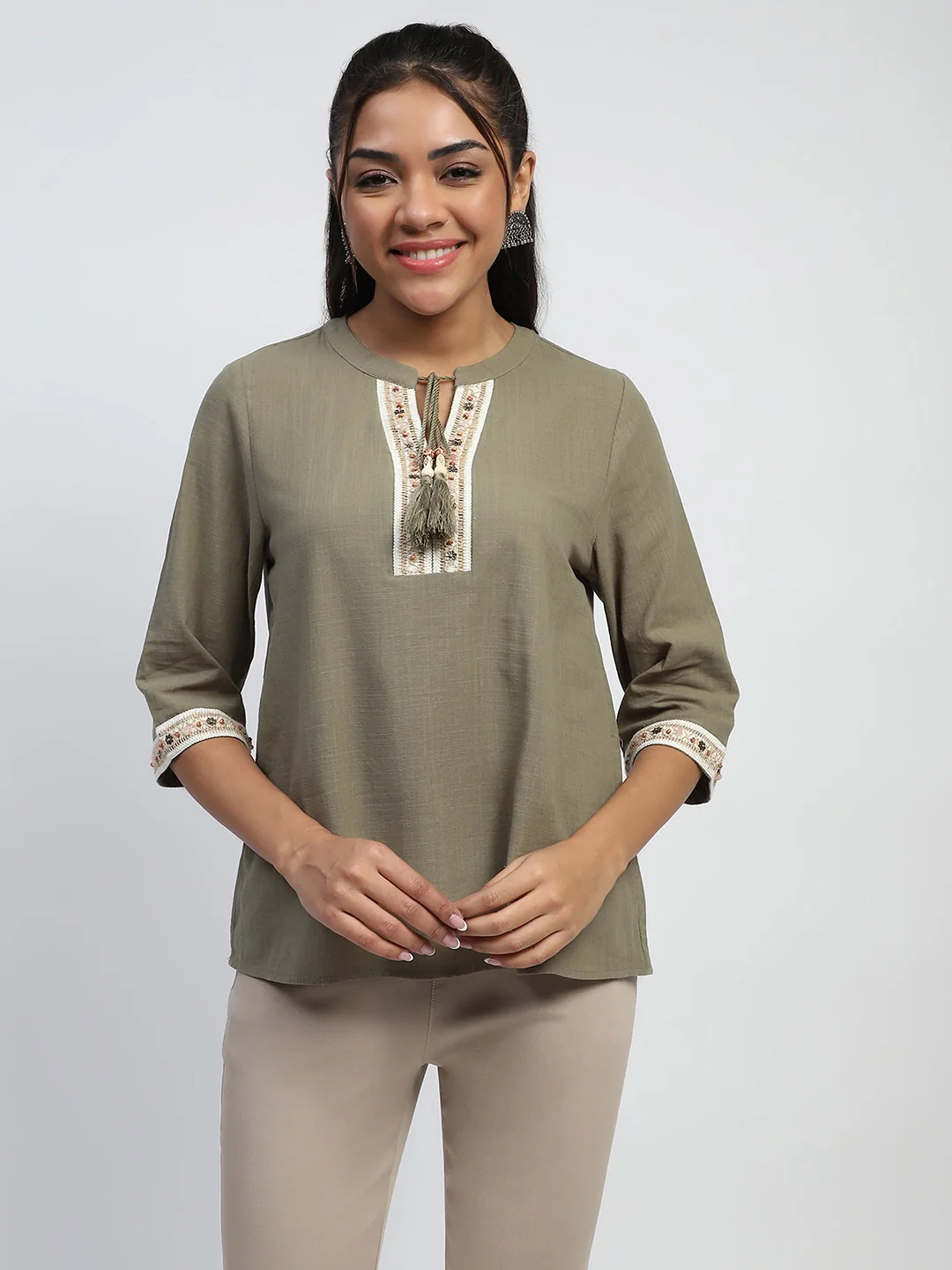 Olive Embroidered Cotton Top - Image 6