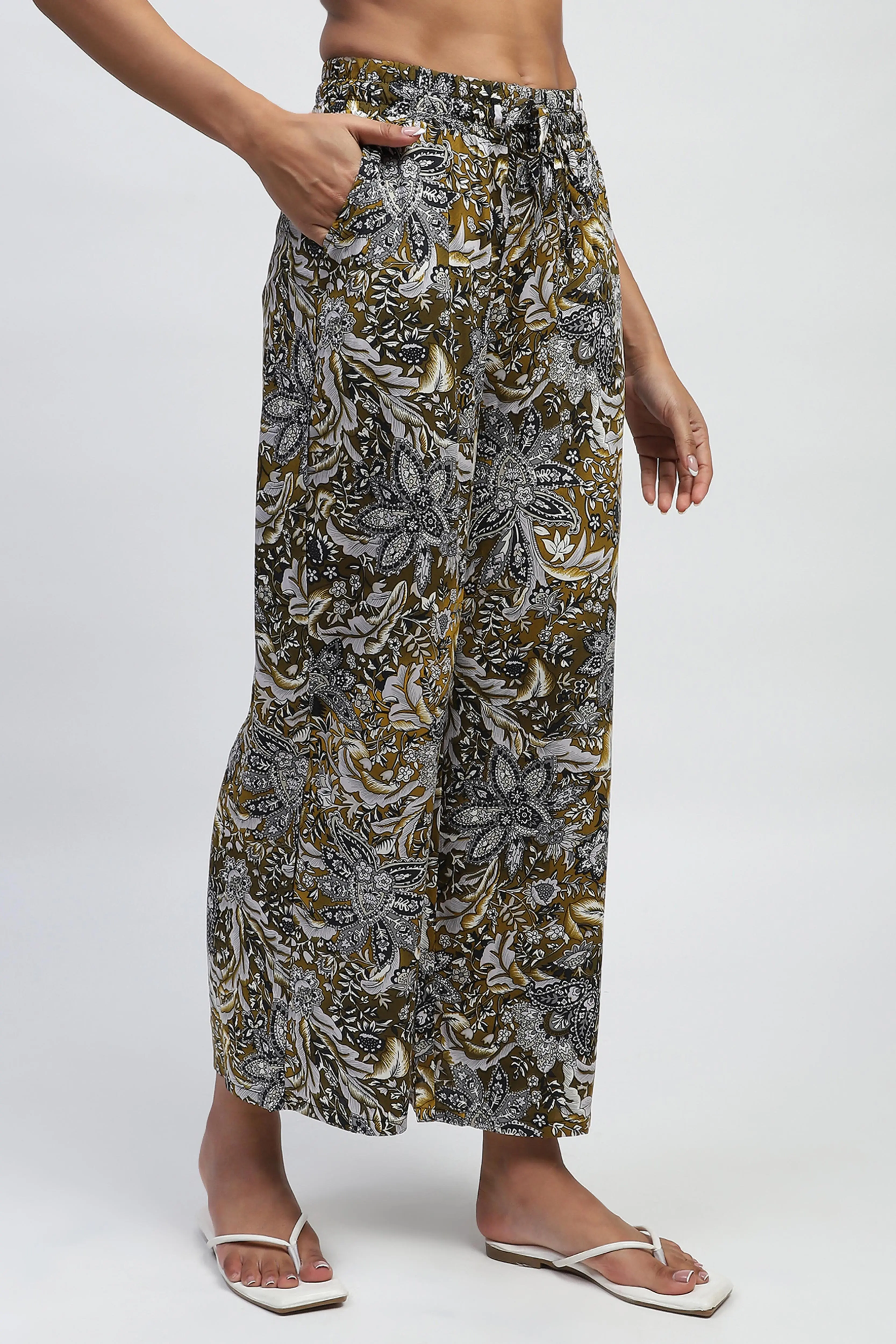 Olive Floral Print Rayon Lower - Image 3