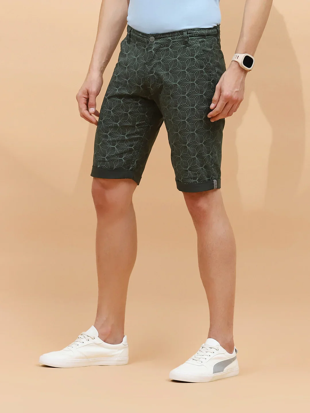 Olive Print Cotton Blend Shorts - Image 8