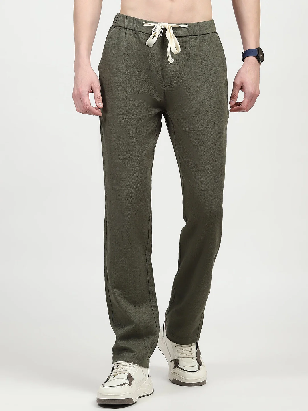 Olive Solid Cotton Loose Fit Trouser - Image 11