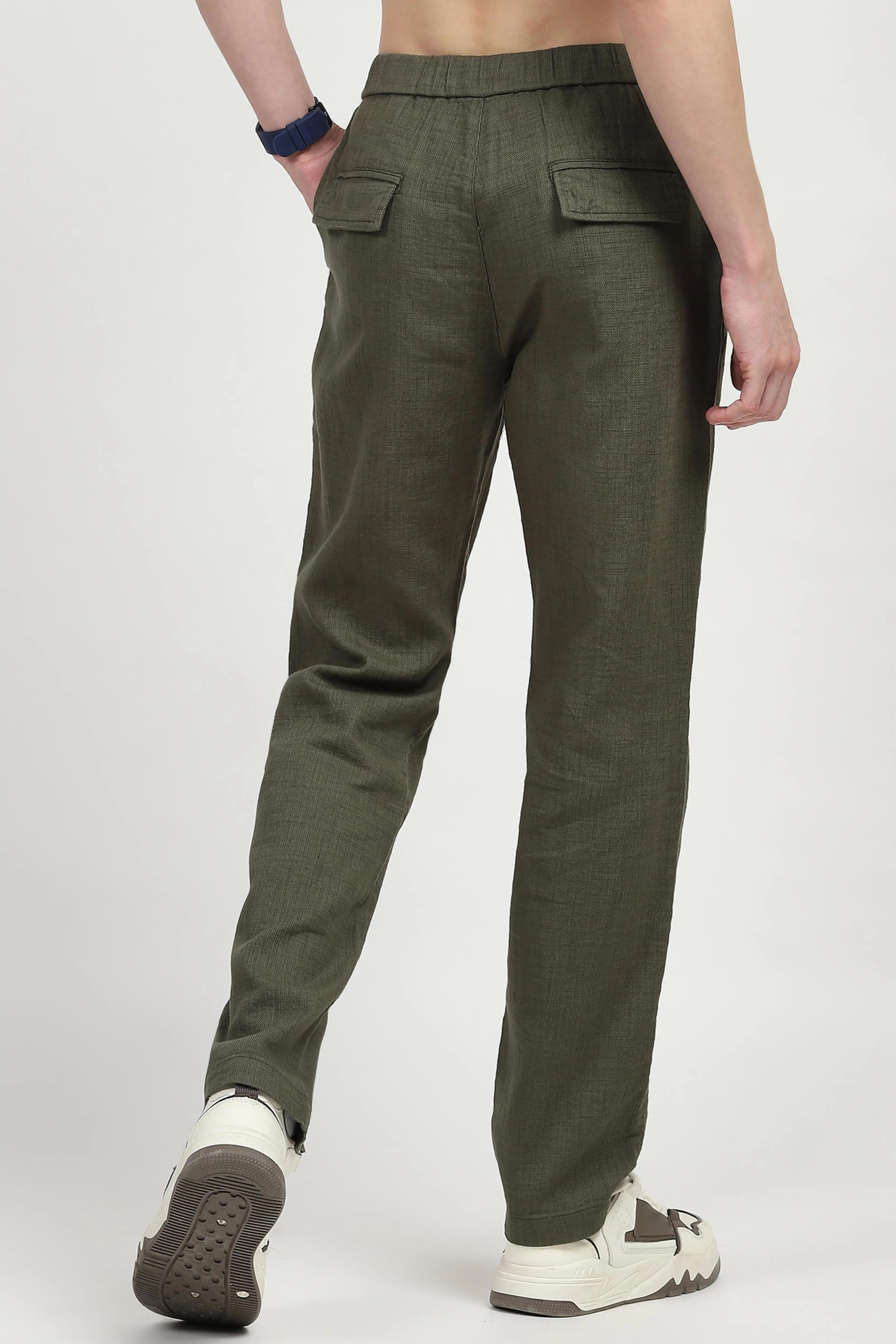 Olive Solid Cotton Loose Fit Trouser - Image 4