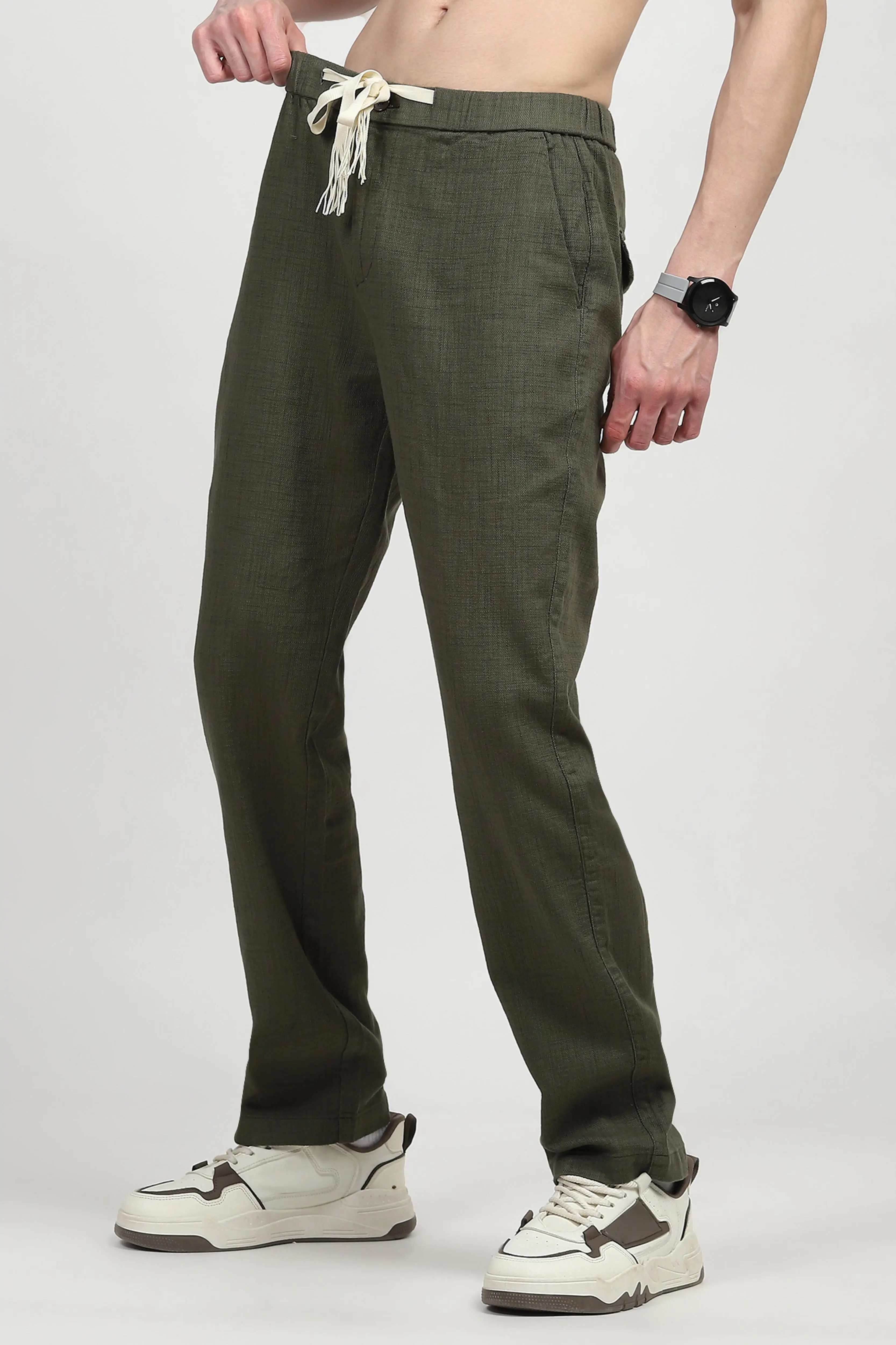 Olive Solid Cotton Loose Fit Trouser - Image 8