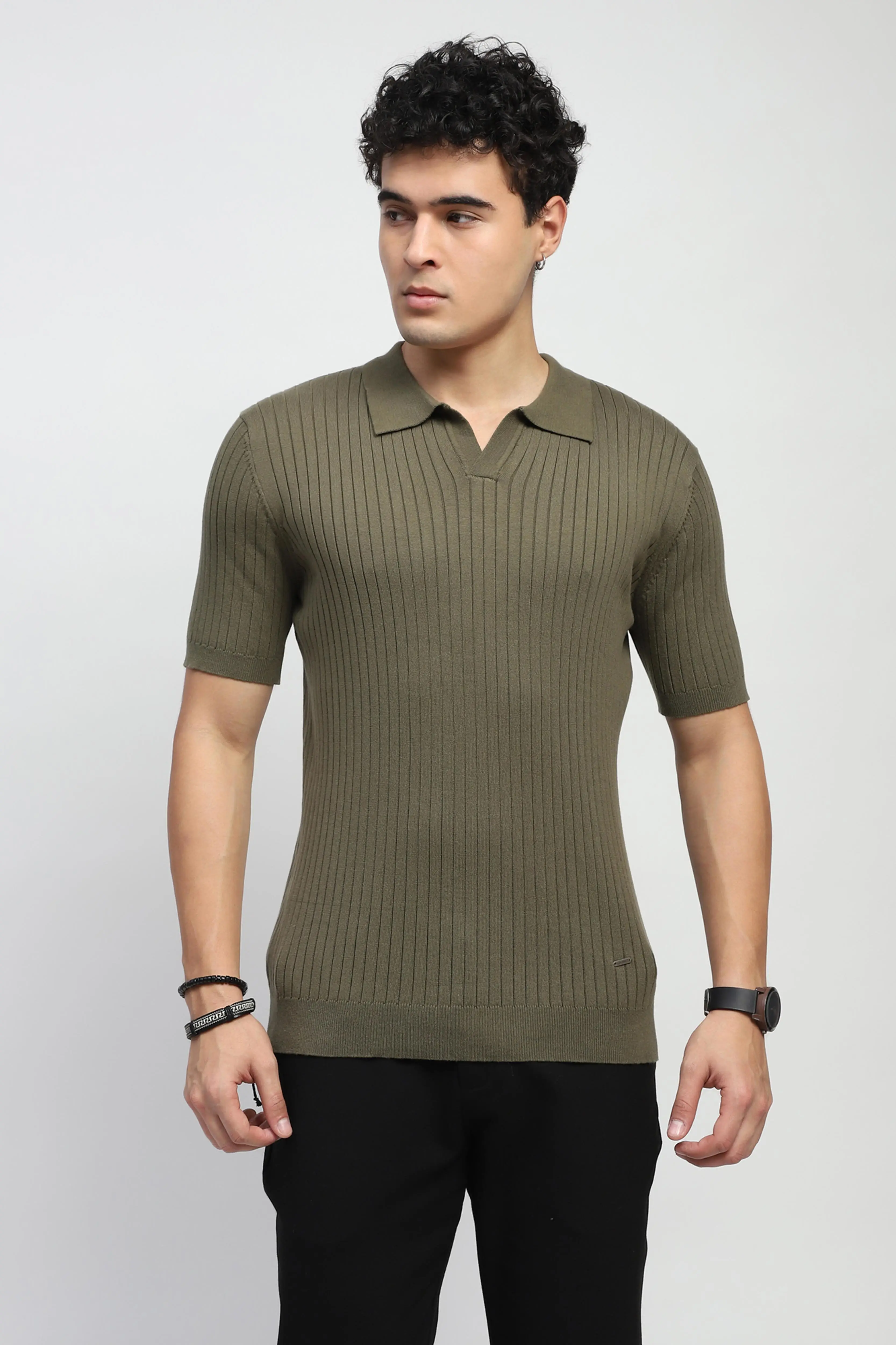 Olive Knitted Cotton Ribbed T-Shirt