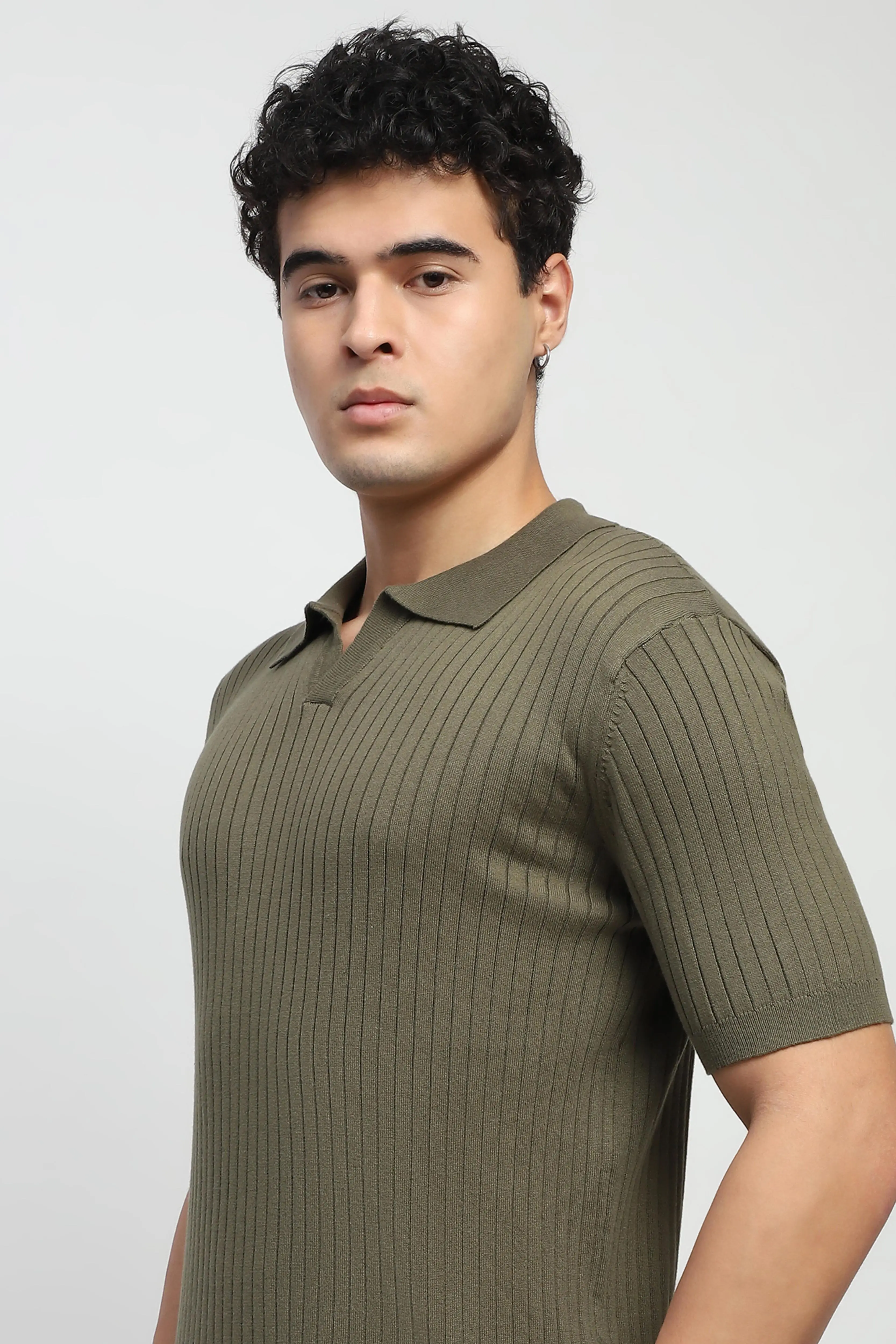 Olive Knitted Cotton Ribbed T-Shirt - Image 5