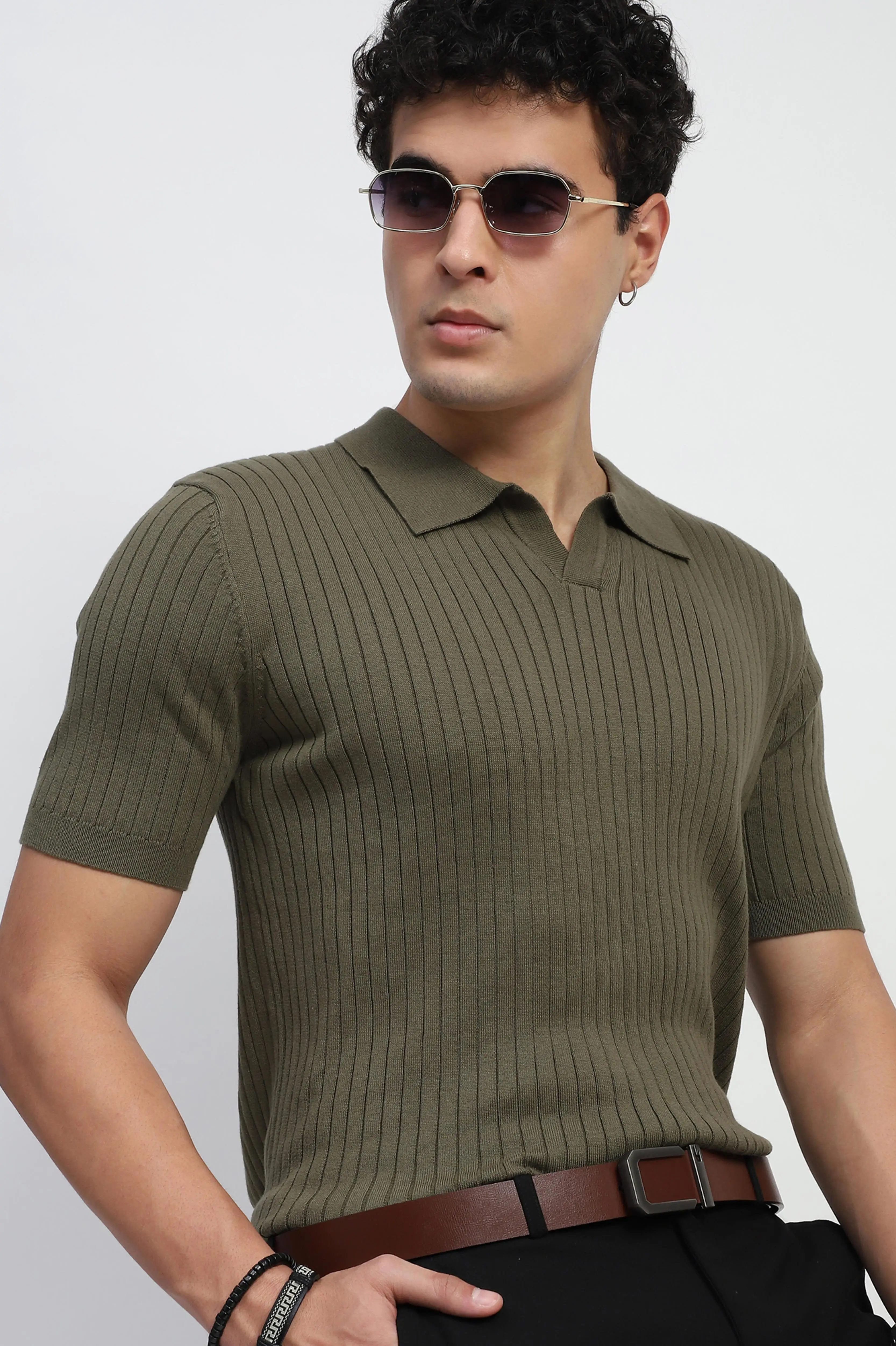 Olive Knitted Cotton Ribbed T-Shirt - Image 7