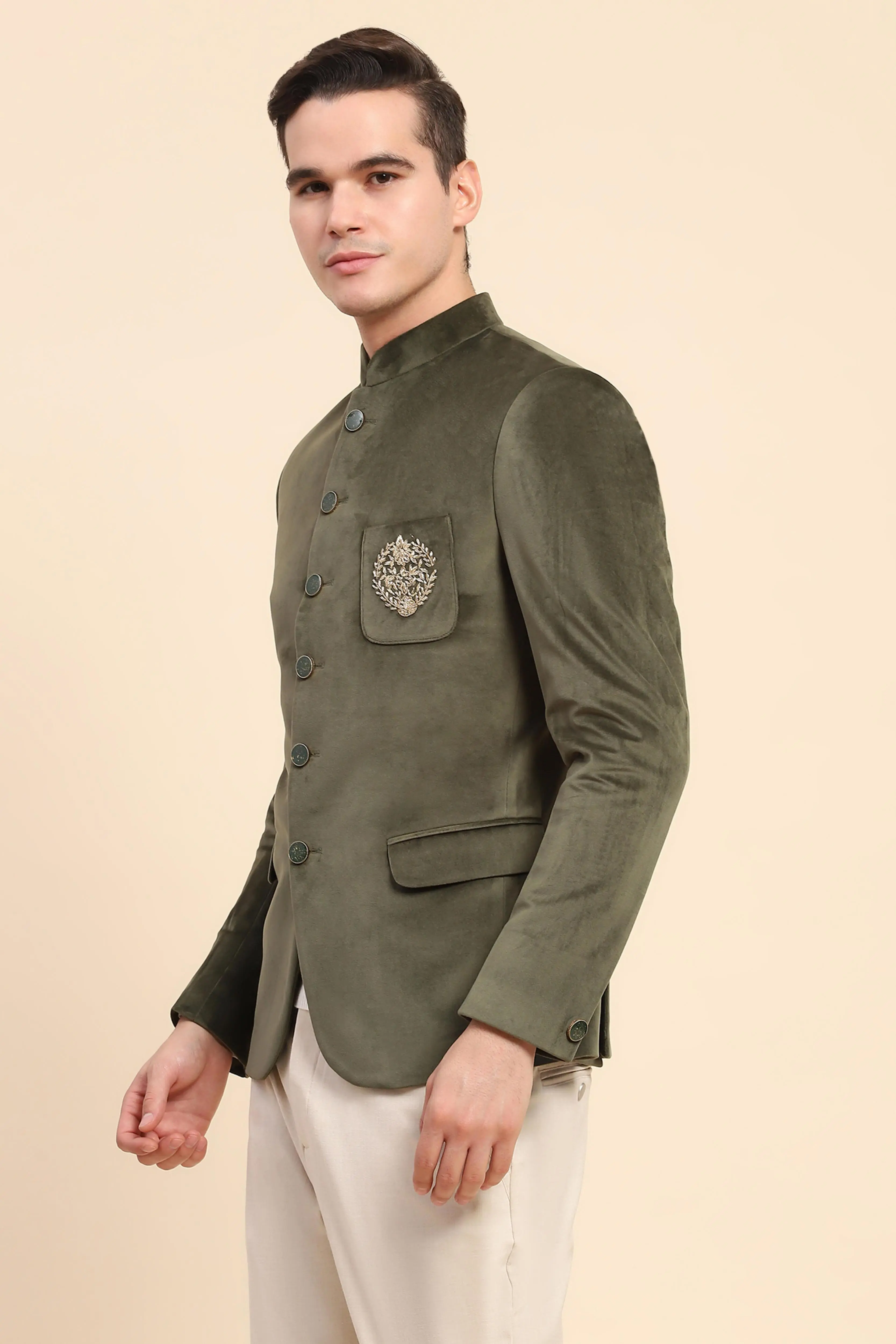 Olive Velvet Zari Embroidered Coat - Image 2