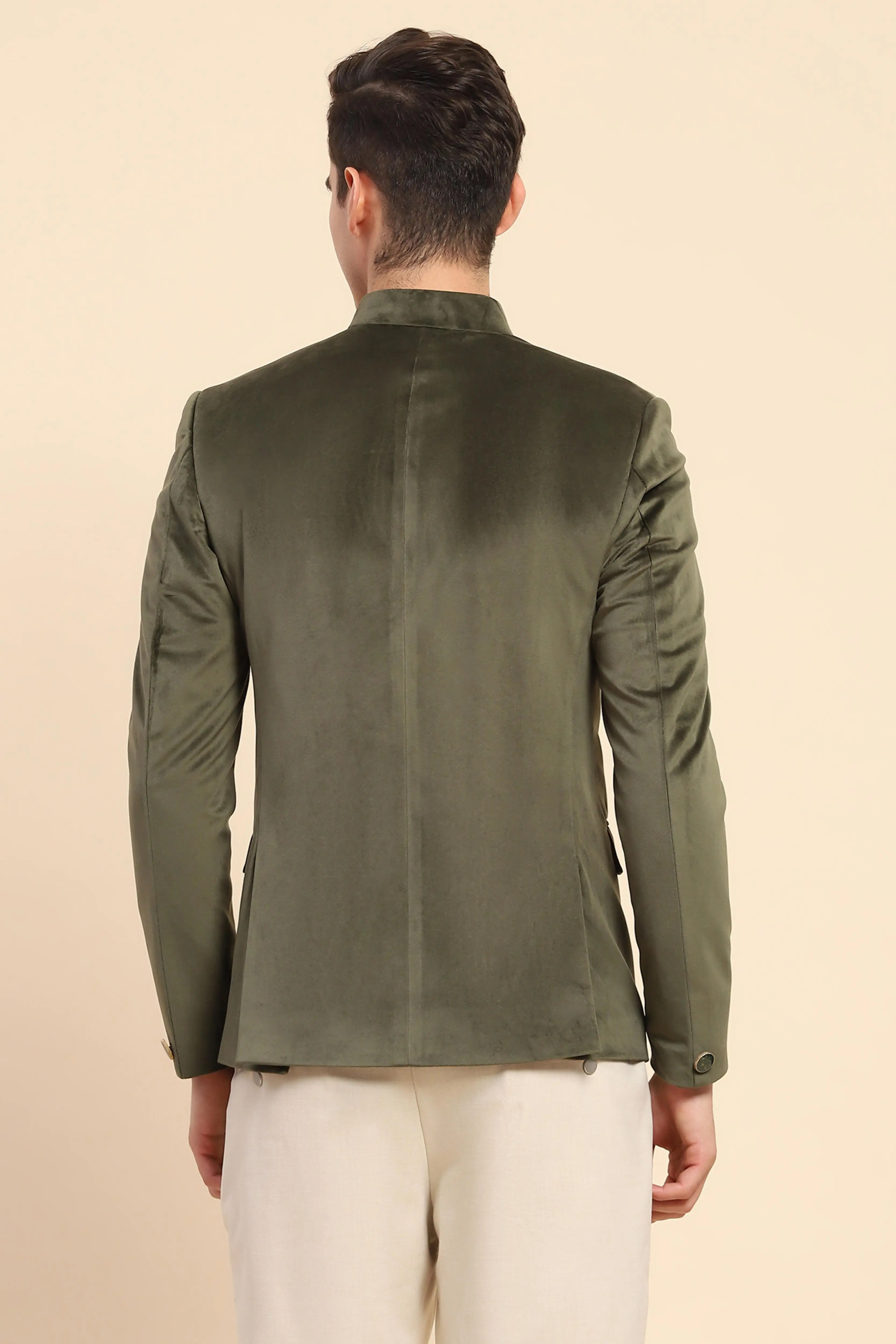 Olive Velvet Zari Embroidered Coat - Image 4