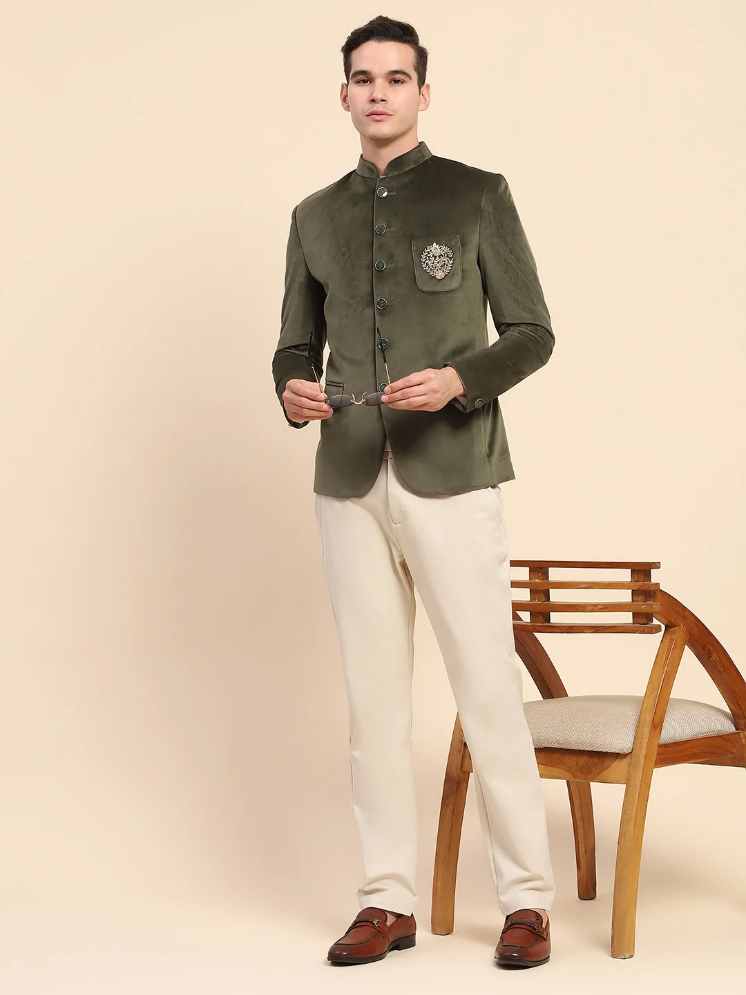 Olive Velvet Zari Embroidered Coat - Image 9