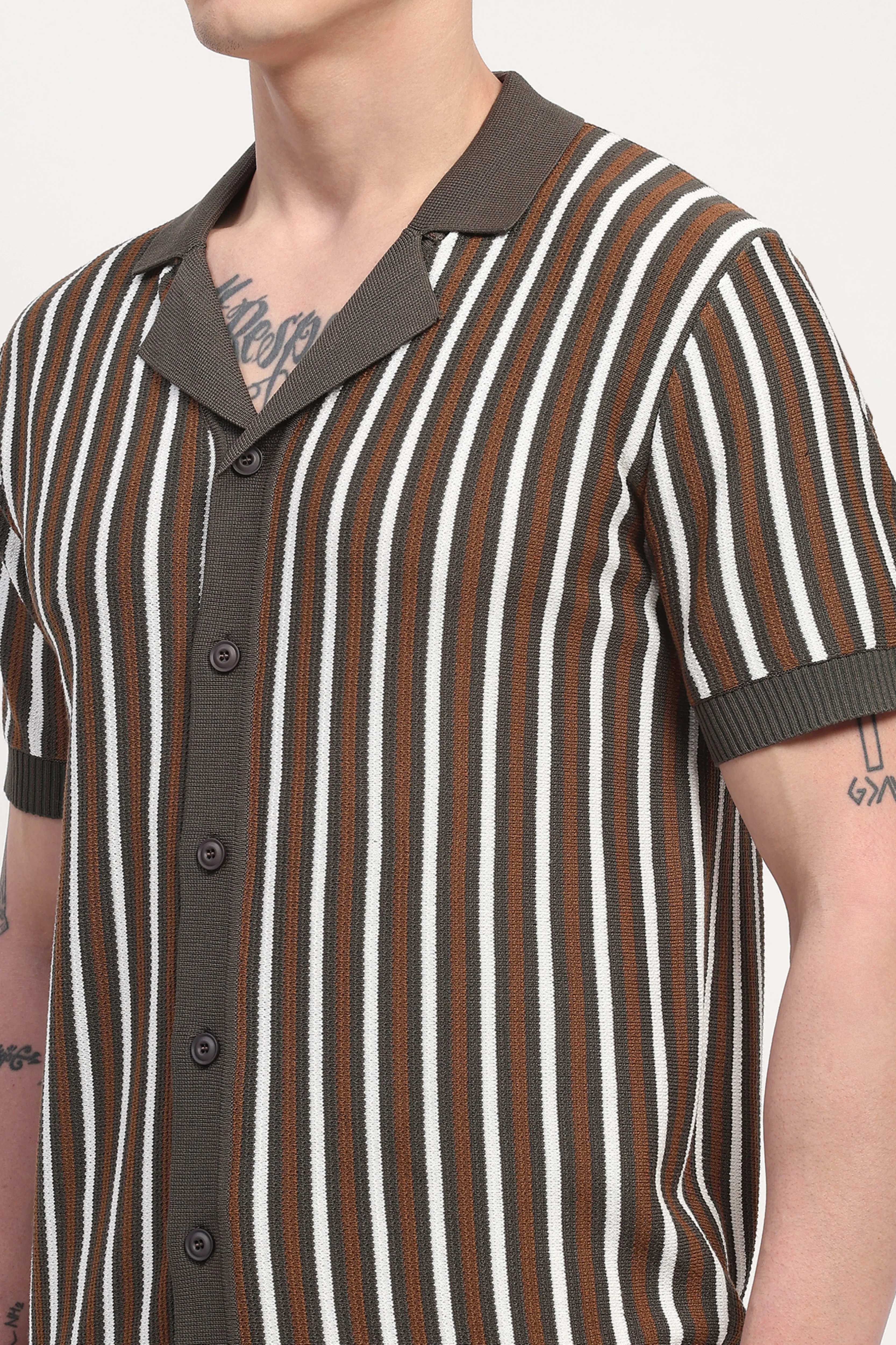 Olive Viscose Blend Striped Shirt - Image 6