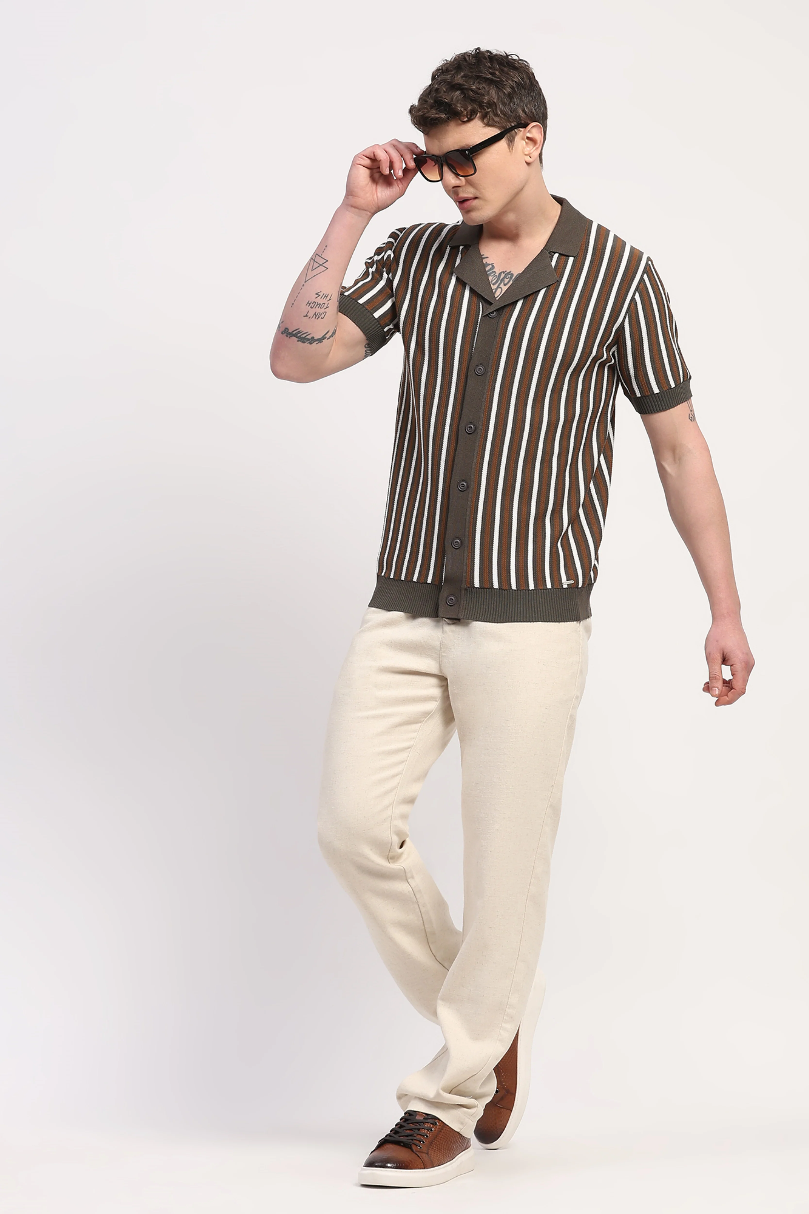 Olive Viscose Blend Striped Shirt - Image 7