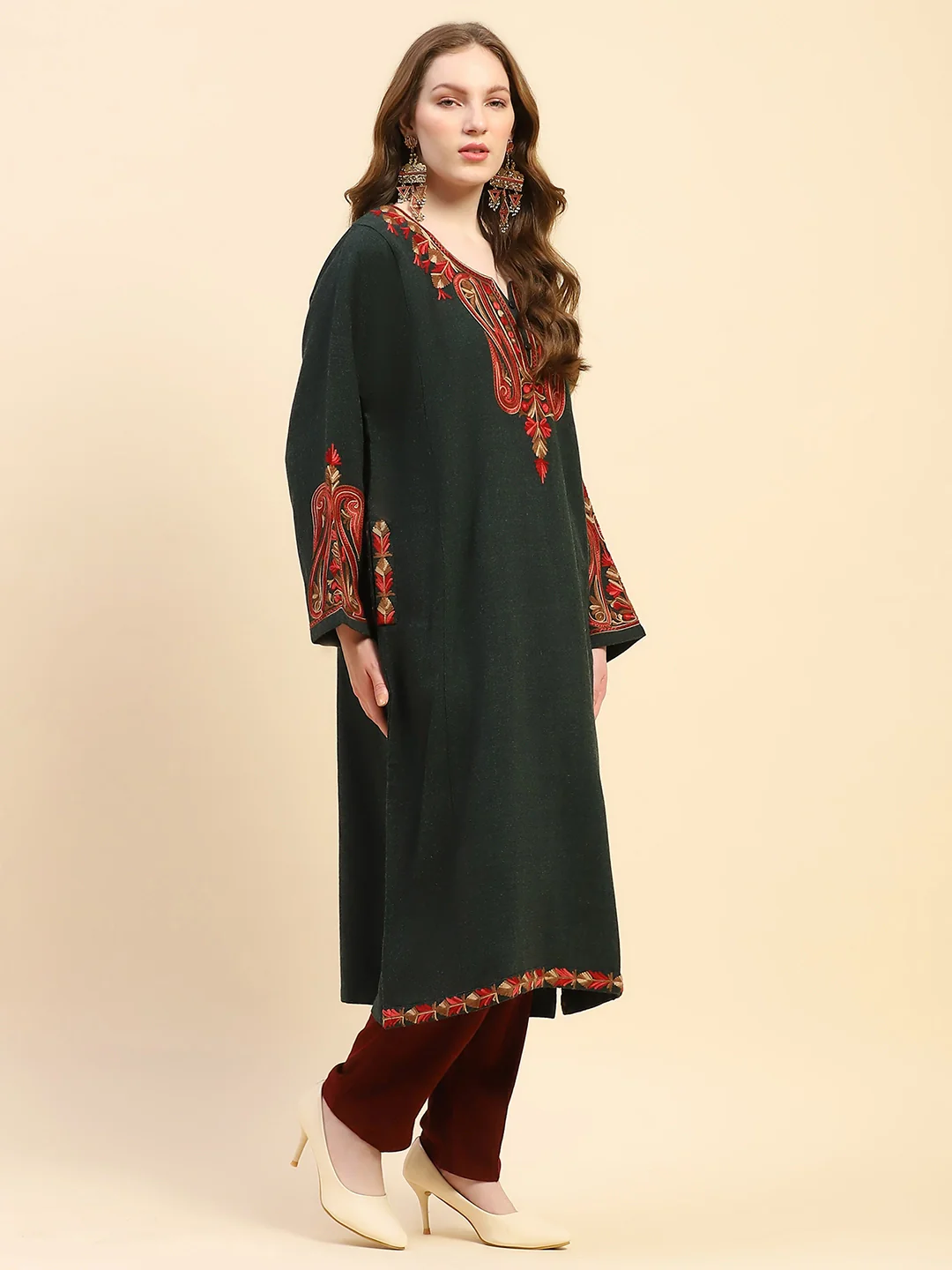Olive Woolen Embroidered Kurta - Image 10