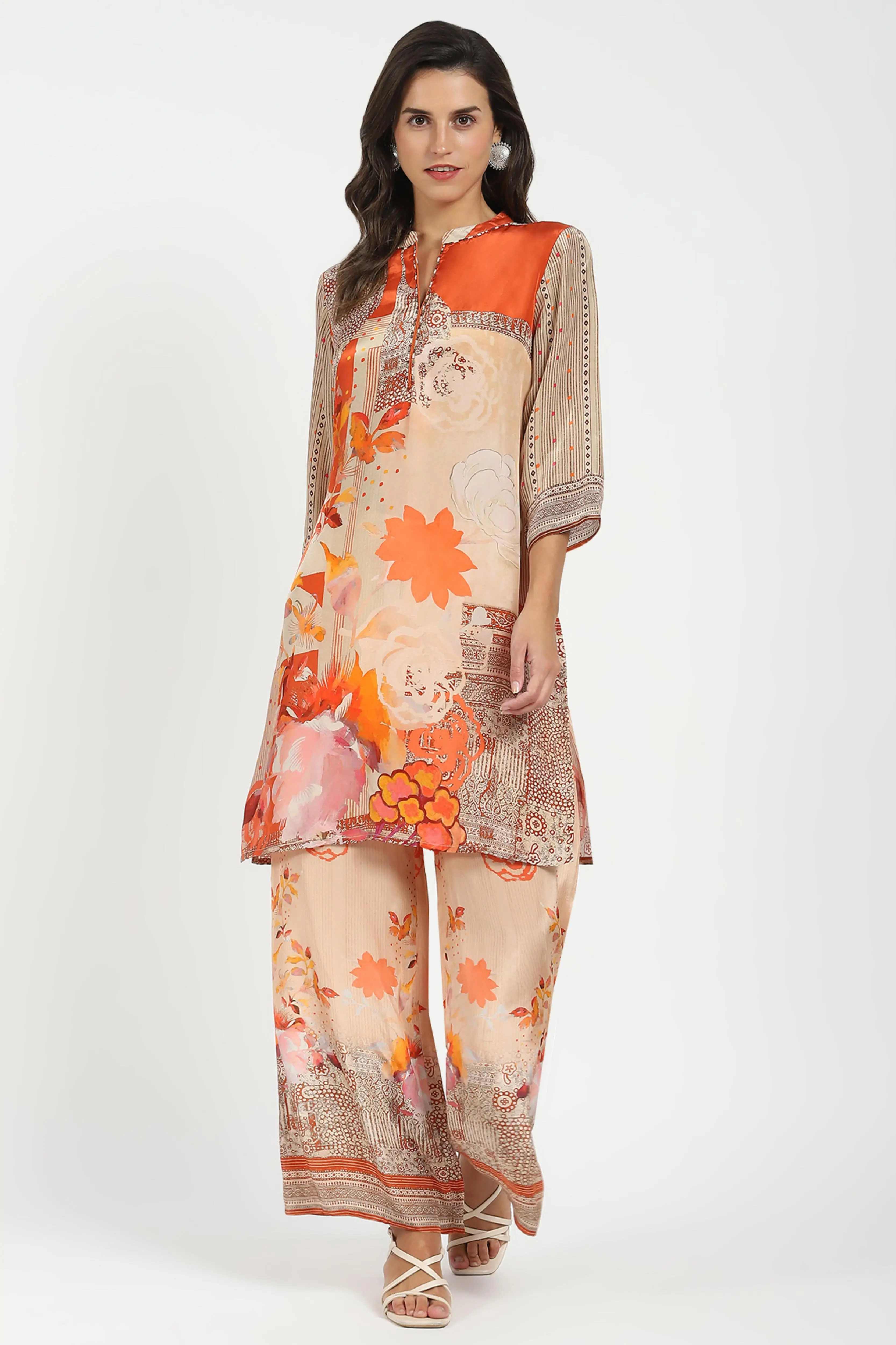 Orange Abstract Crepe Kurta Set
