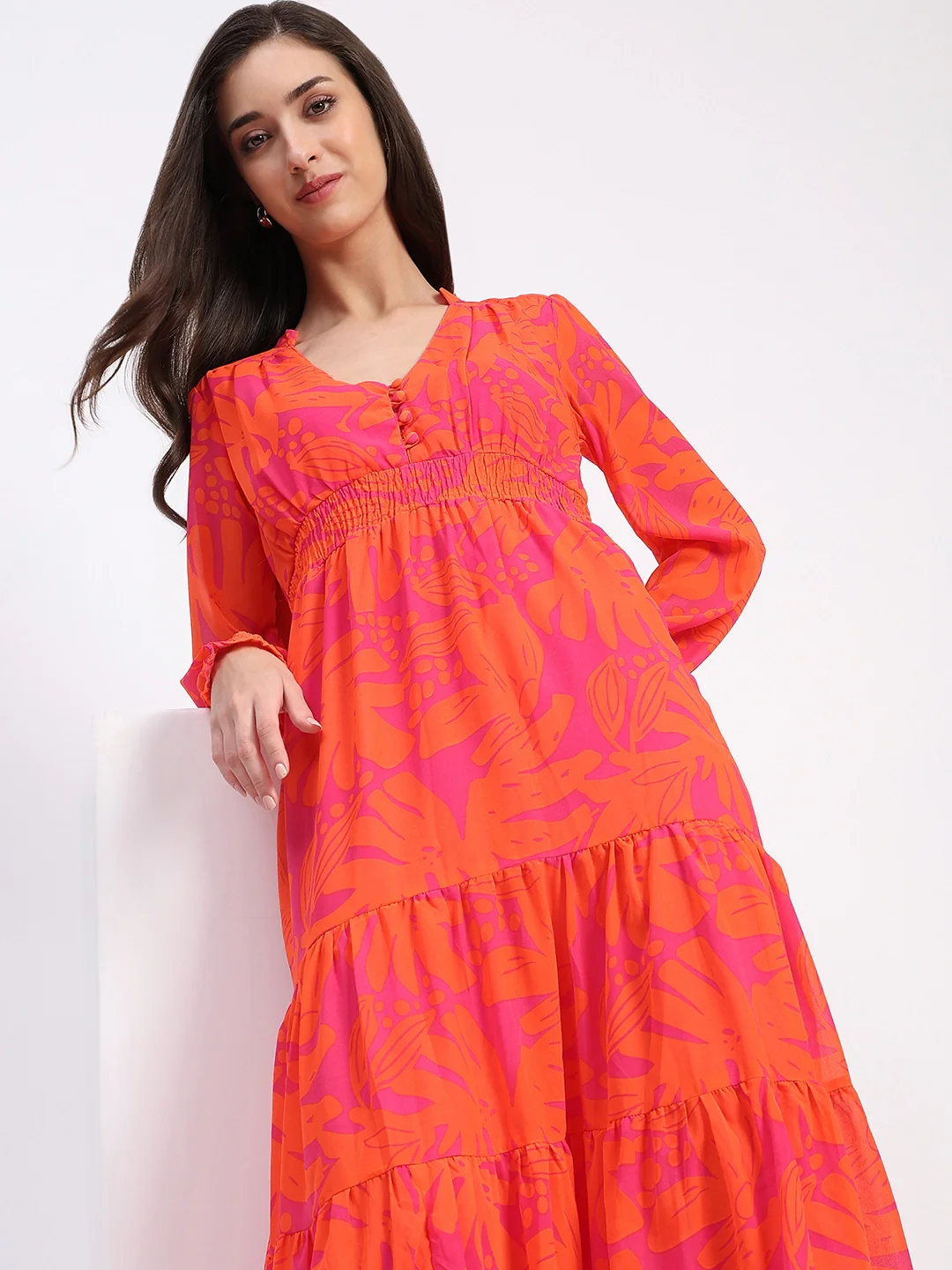 Orange Abstract Tiered Flared Dress - Image 4