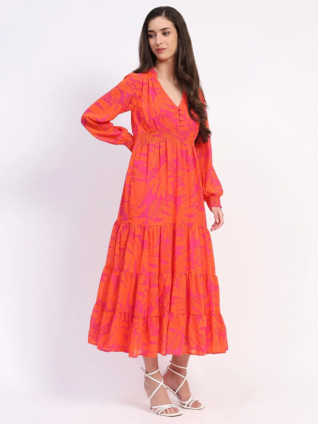 Orange Abstract Tiered Flared Dress - Image 6