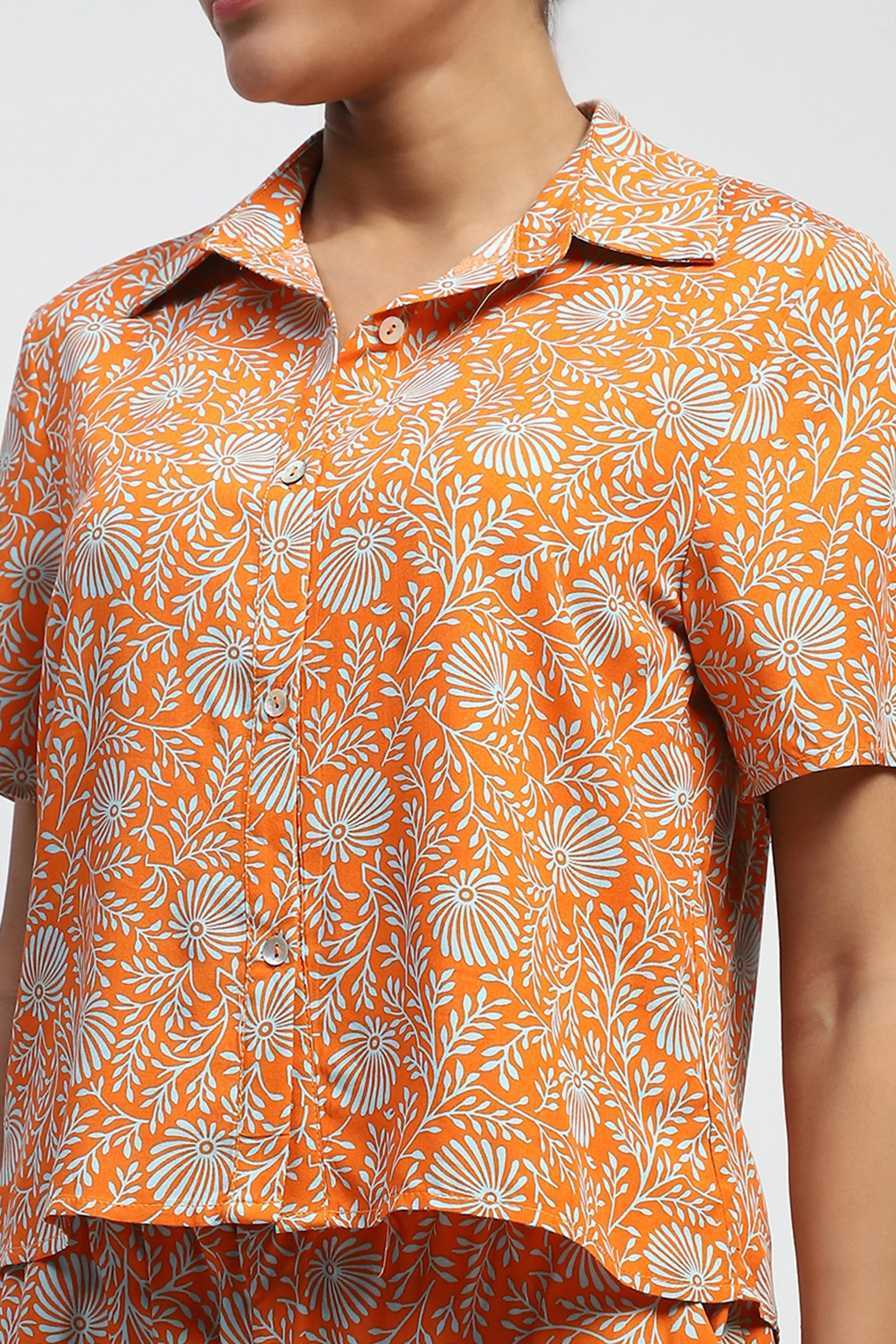 Orange Floral Print Rayon Shirt - Image 5