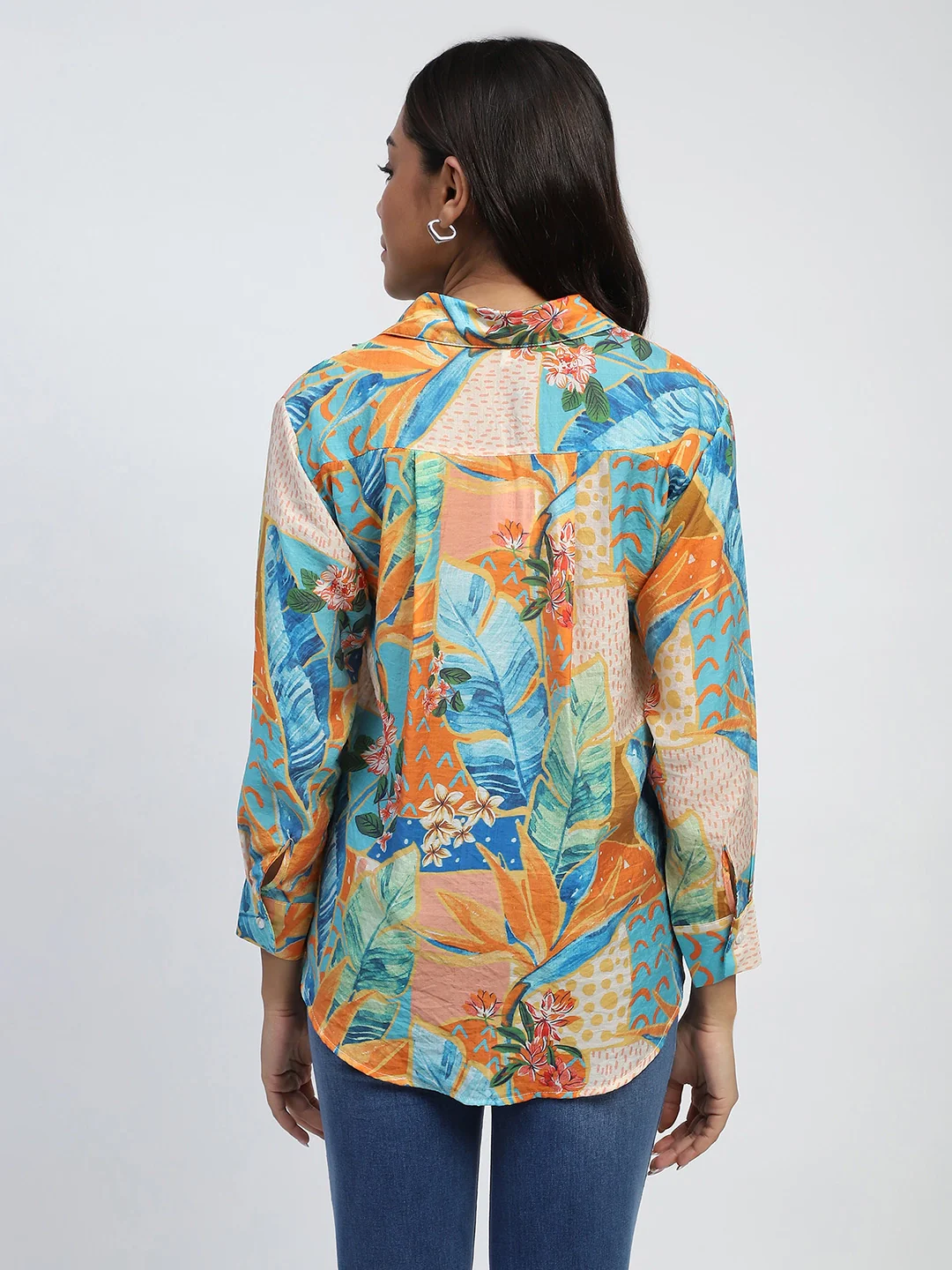 Orange Tropical Print Rayon Blend Shirt - Image 14