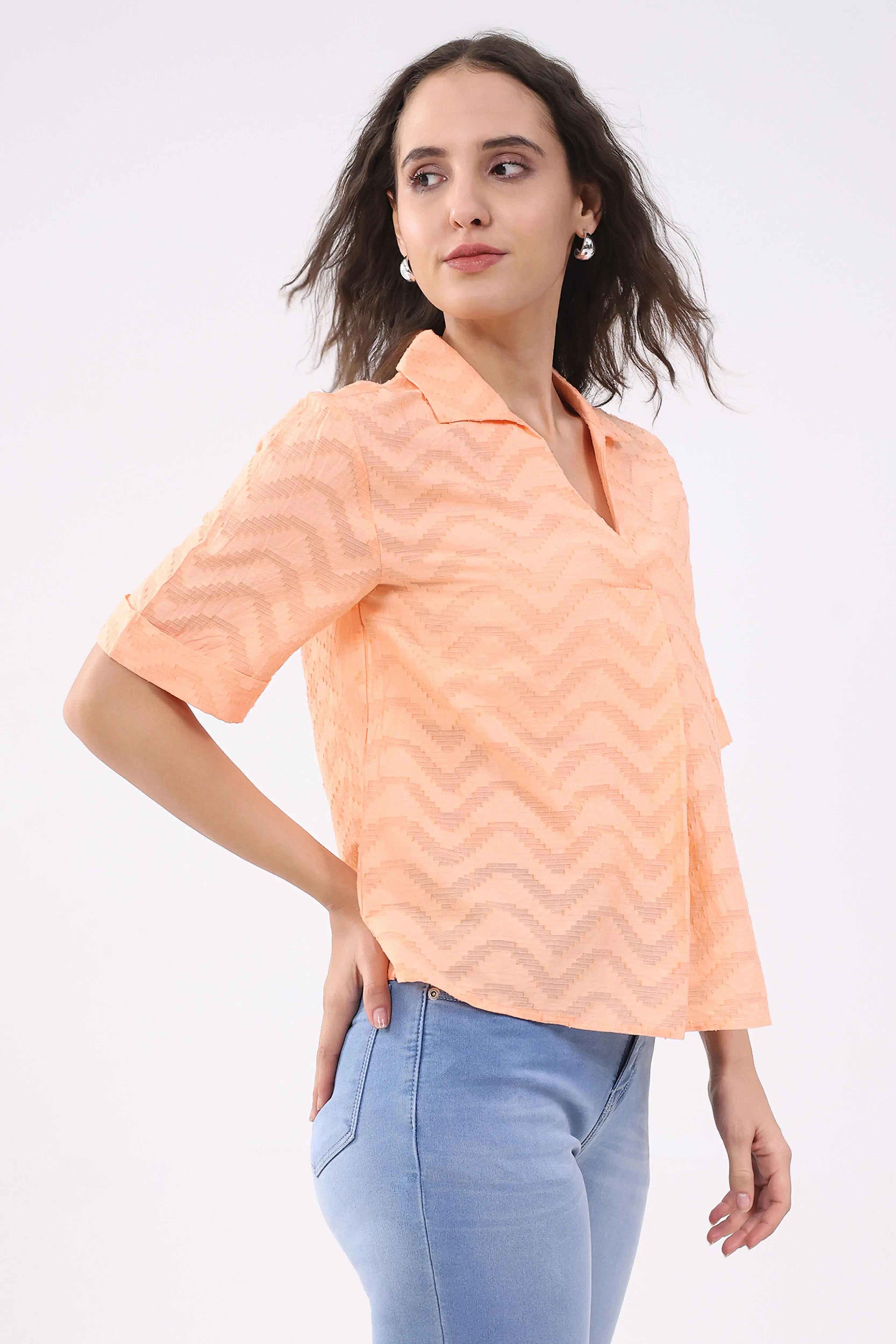 Peach Blouson Dobby Cotton Top - Image 3