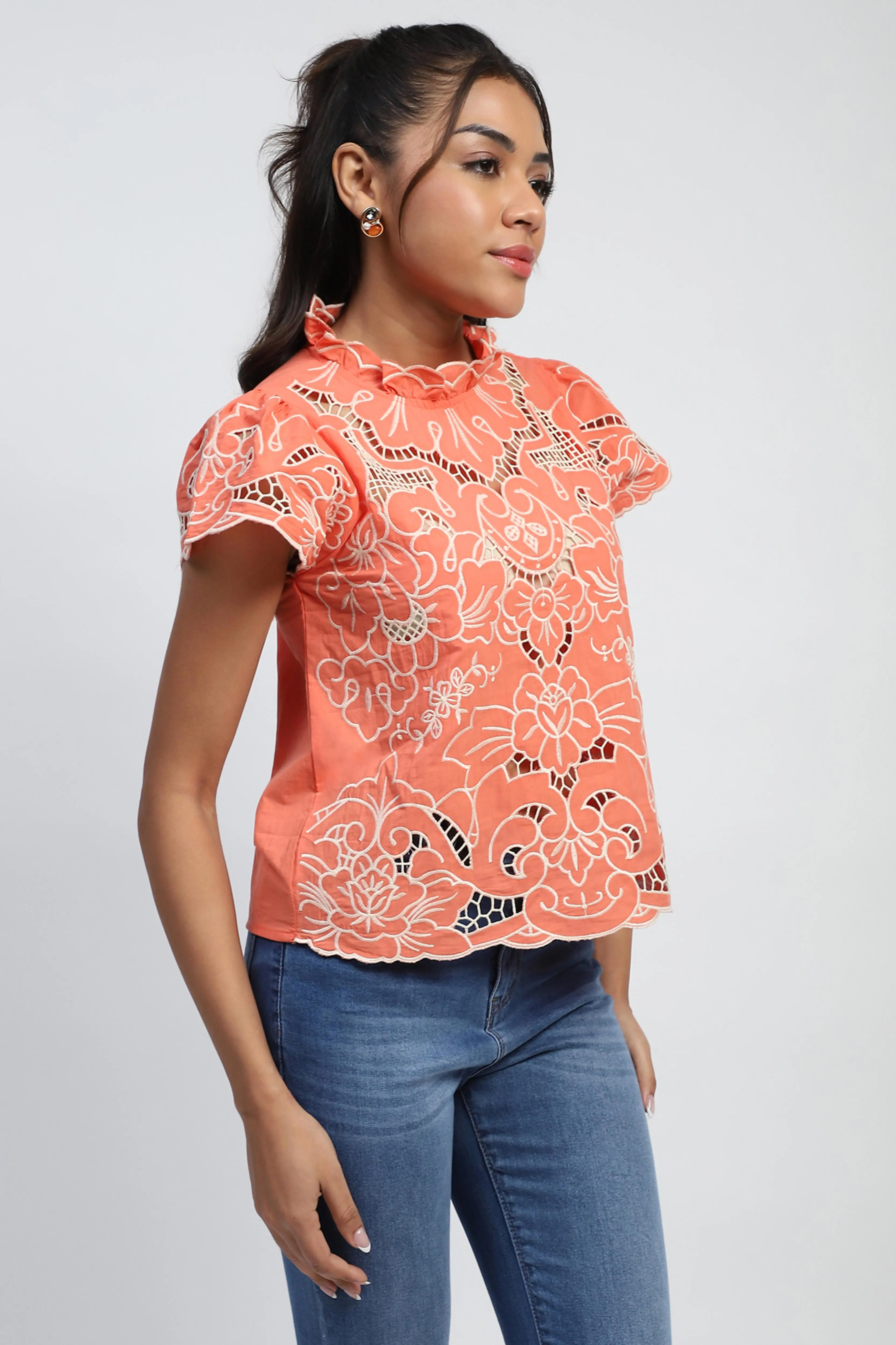Peach Cut Work Embroidered Top - Image 3
