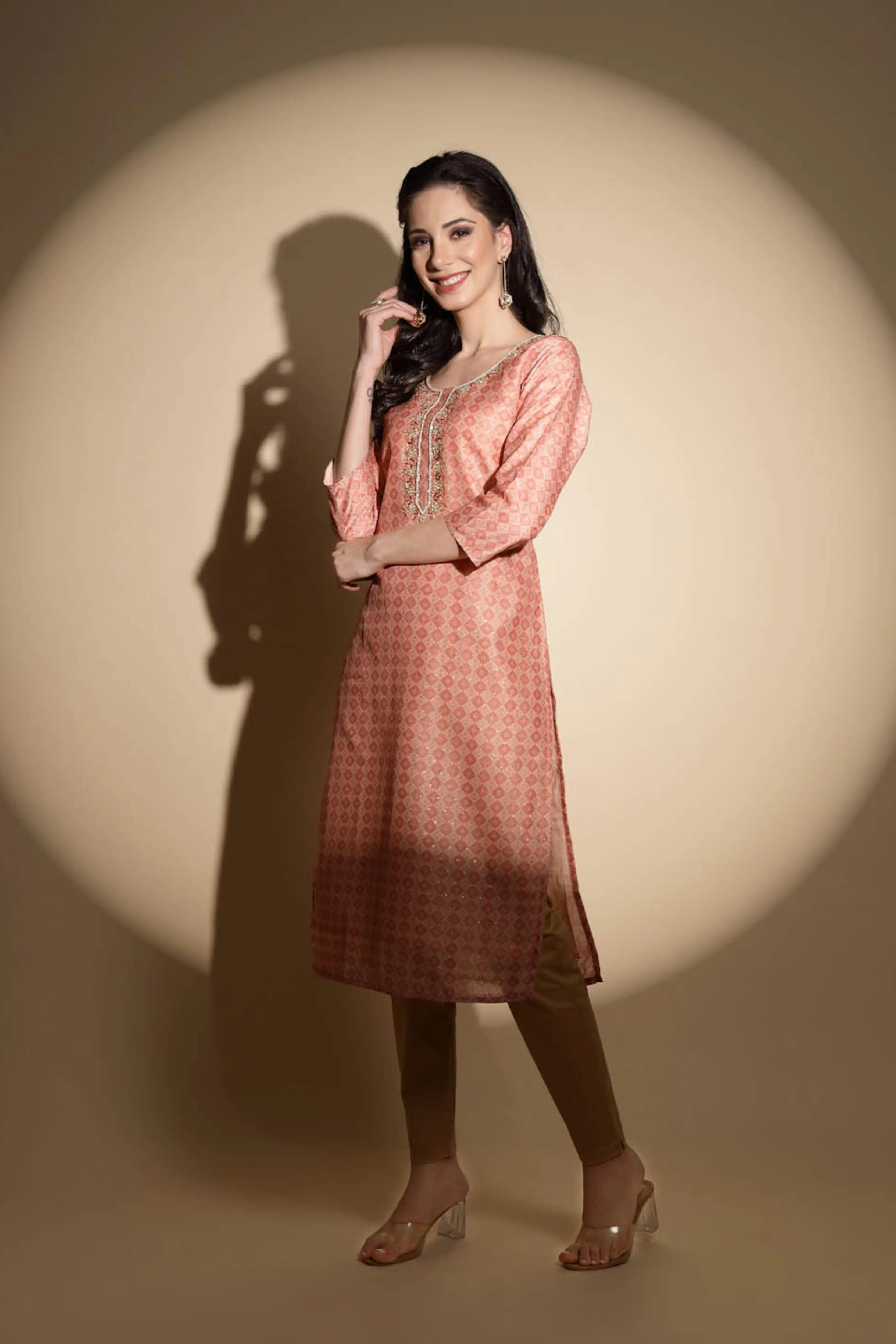Peach Embroidered Muslin Kurta - Image 2