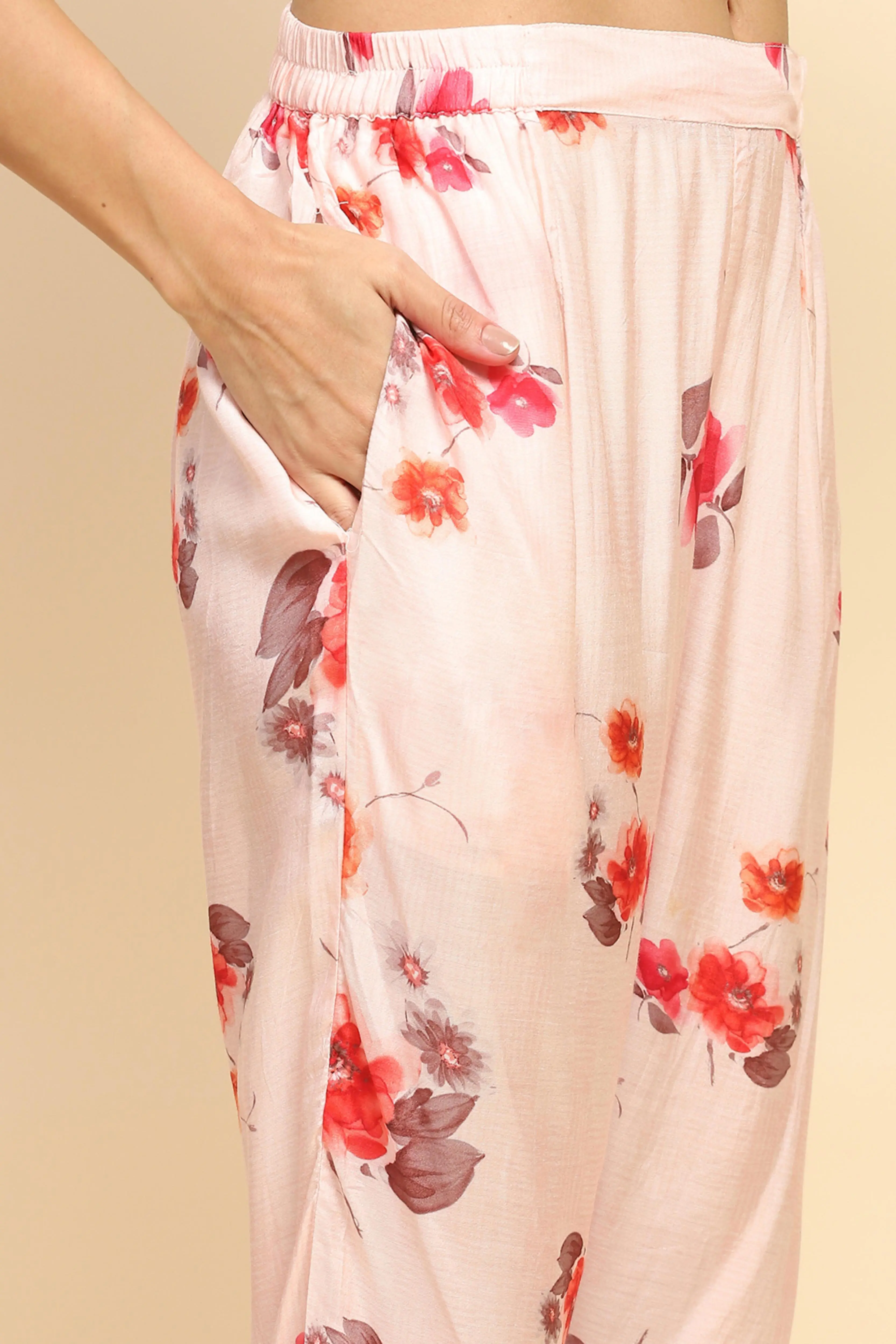 Peach Floral Muslin Long Tunic Set - Image 7