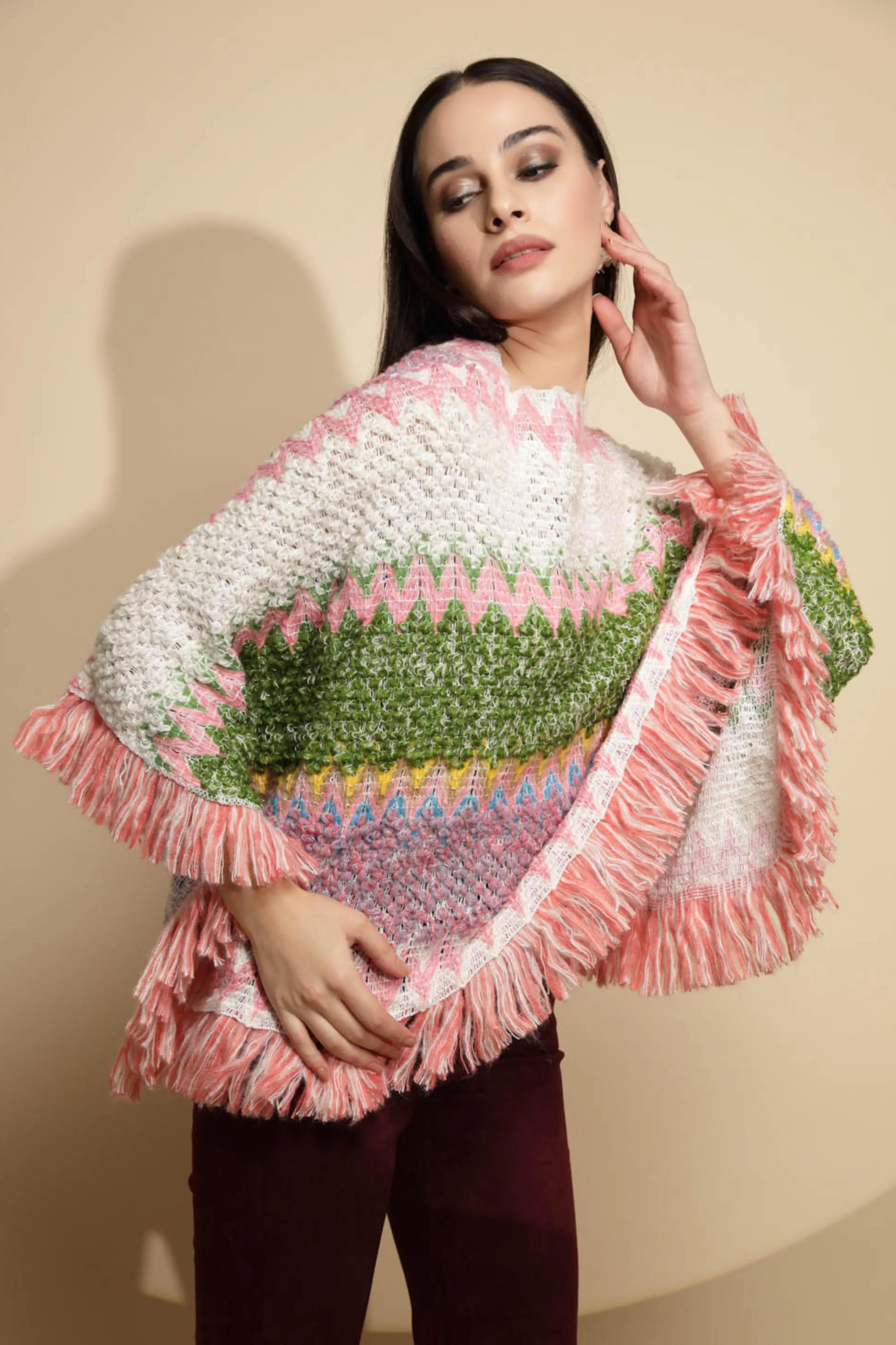 Multicolor Abstract Print Full Sleeve Boat Neck Acrylic Poncho
