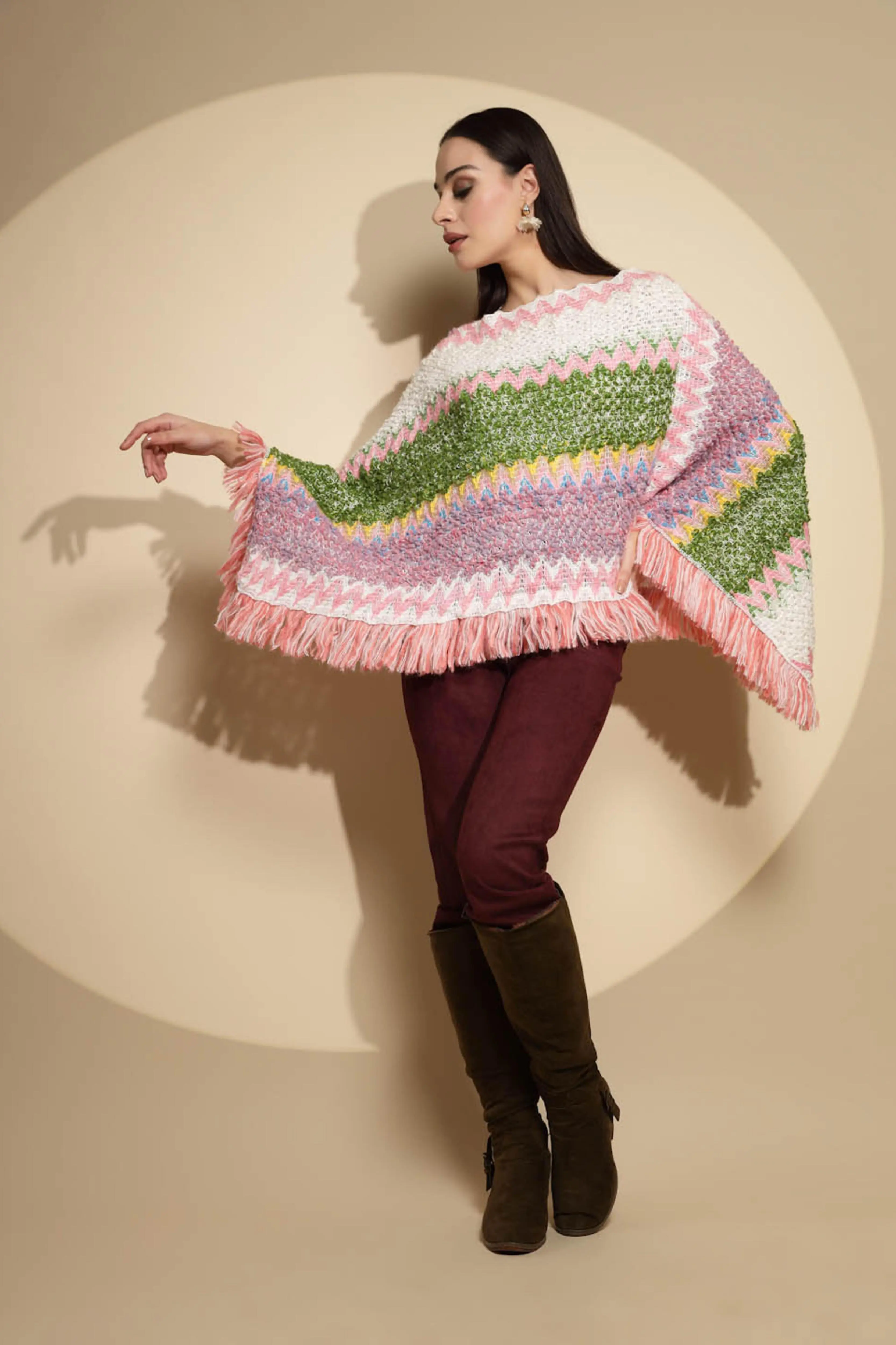 Multicolor Abstract Print Full Sleeve Boat Neck Acrylic Poncho - Image 5