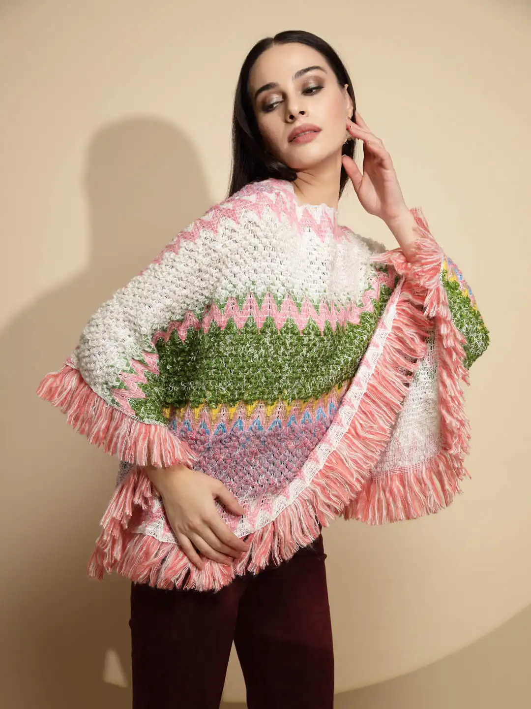 Multicolor Abstract Print Full Sleeve Boat Neck Acrylic Poncho - Image 8