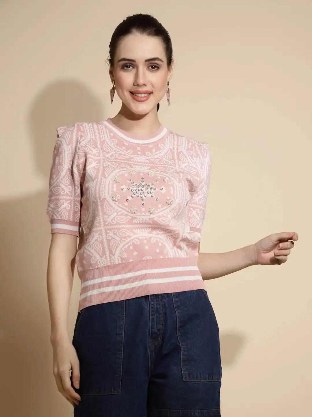 Pink Abstract Print Crew Neck Top - Image 8