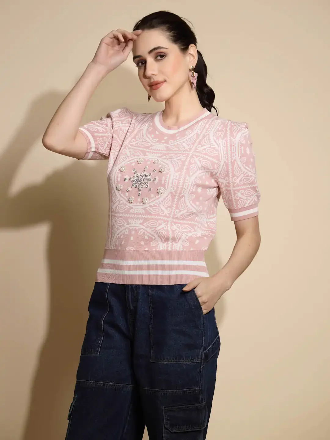 Pink Abstract Print Crew Neck Top - Image 9