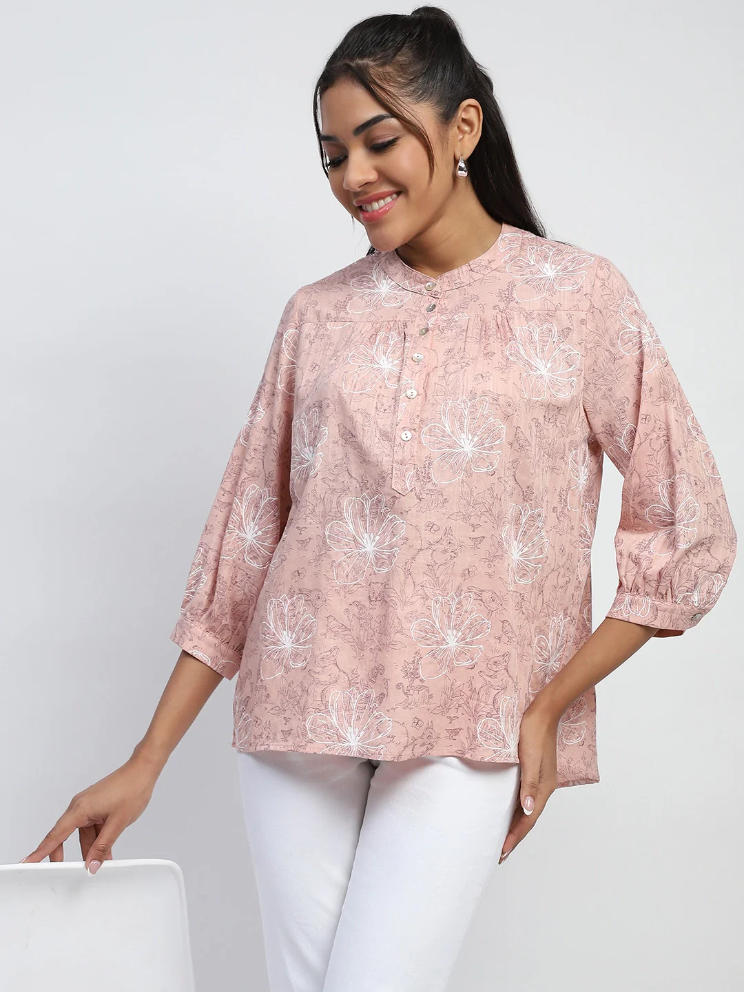 Pink Printed Cotton Blend Top - Image 5