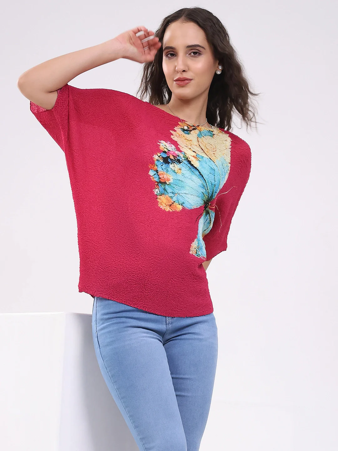 Pink Butterfly Print Stretchable Top - Image 11