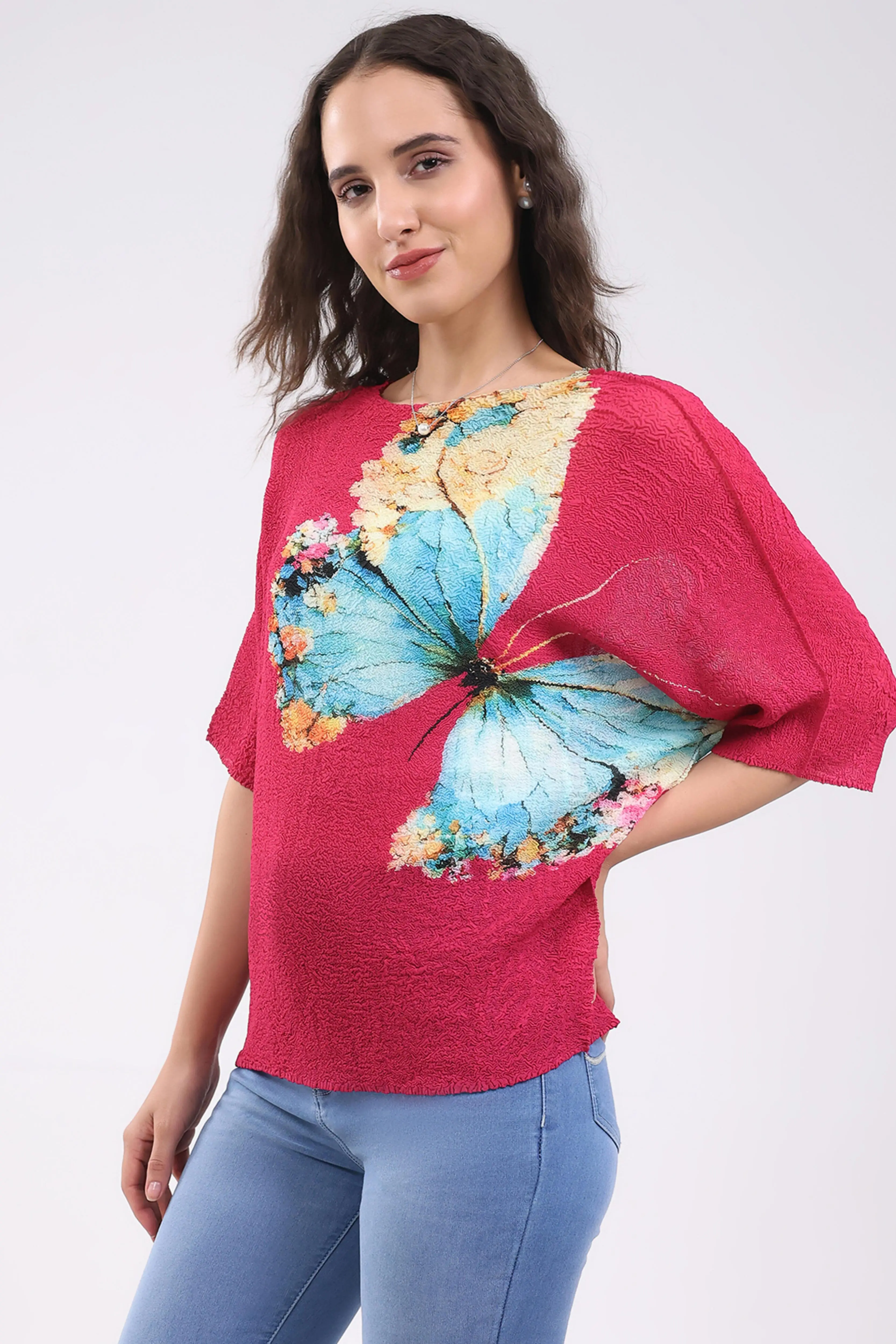 Pink Butterfly Print Stretchable Top - Image 2
