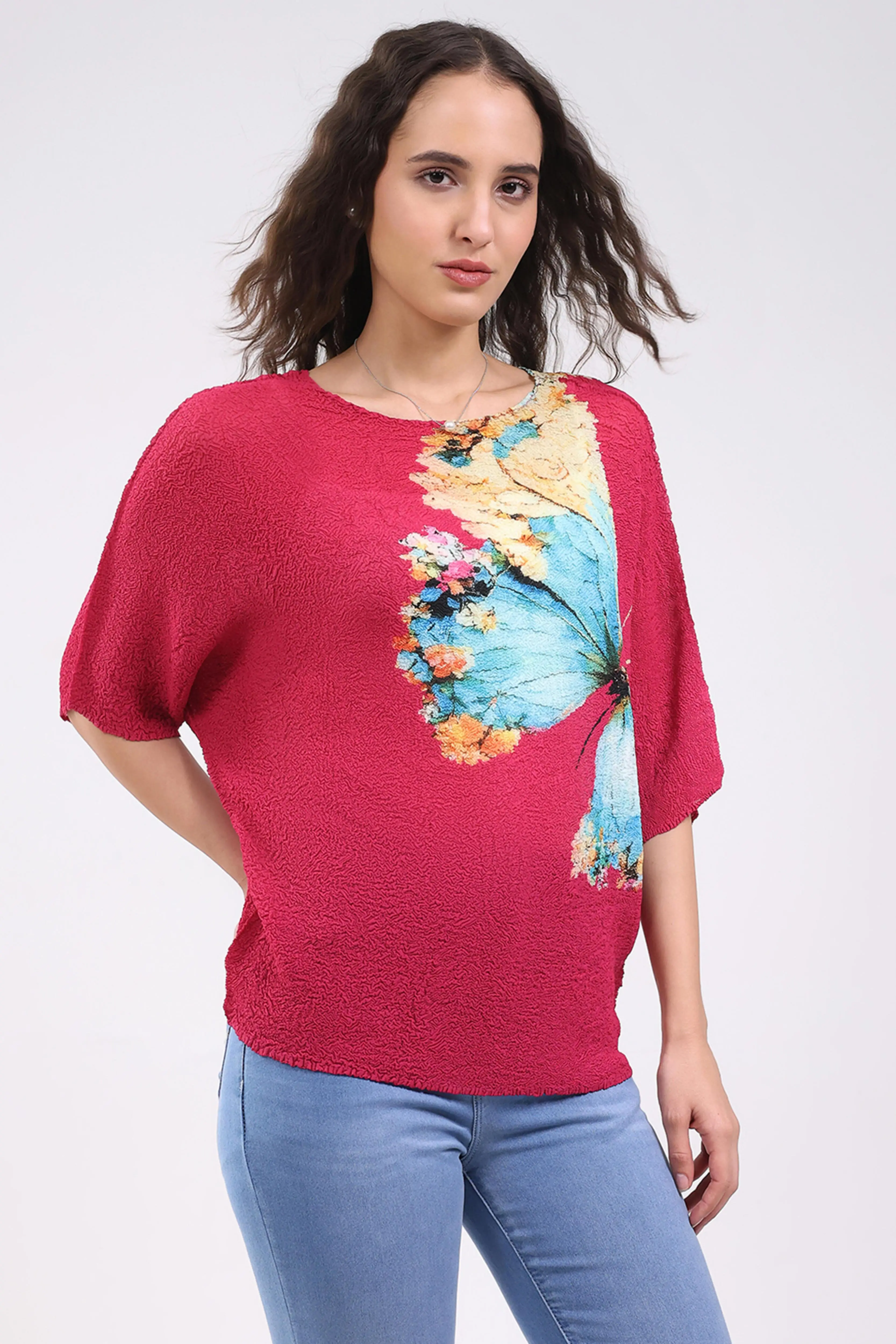 Pink Butterfly Print Stretchable Top - Image 3