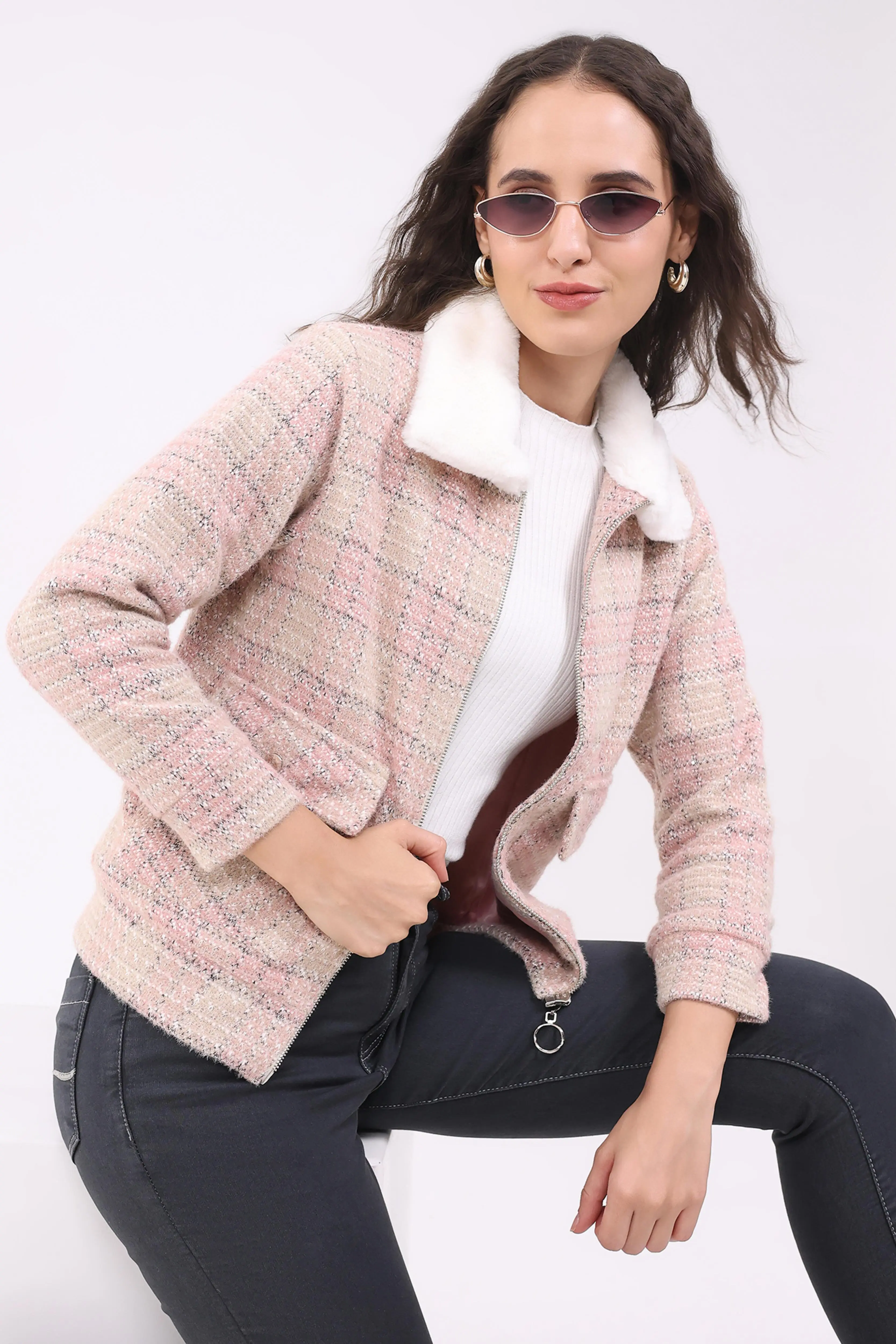 Pink Checked Woven Shacket