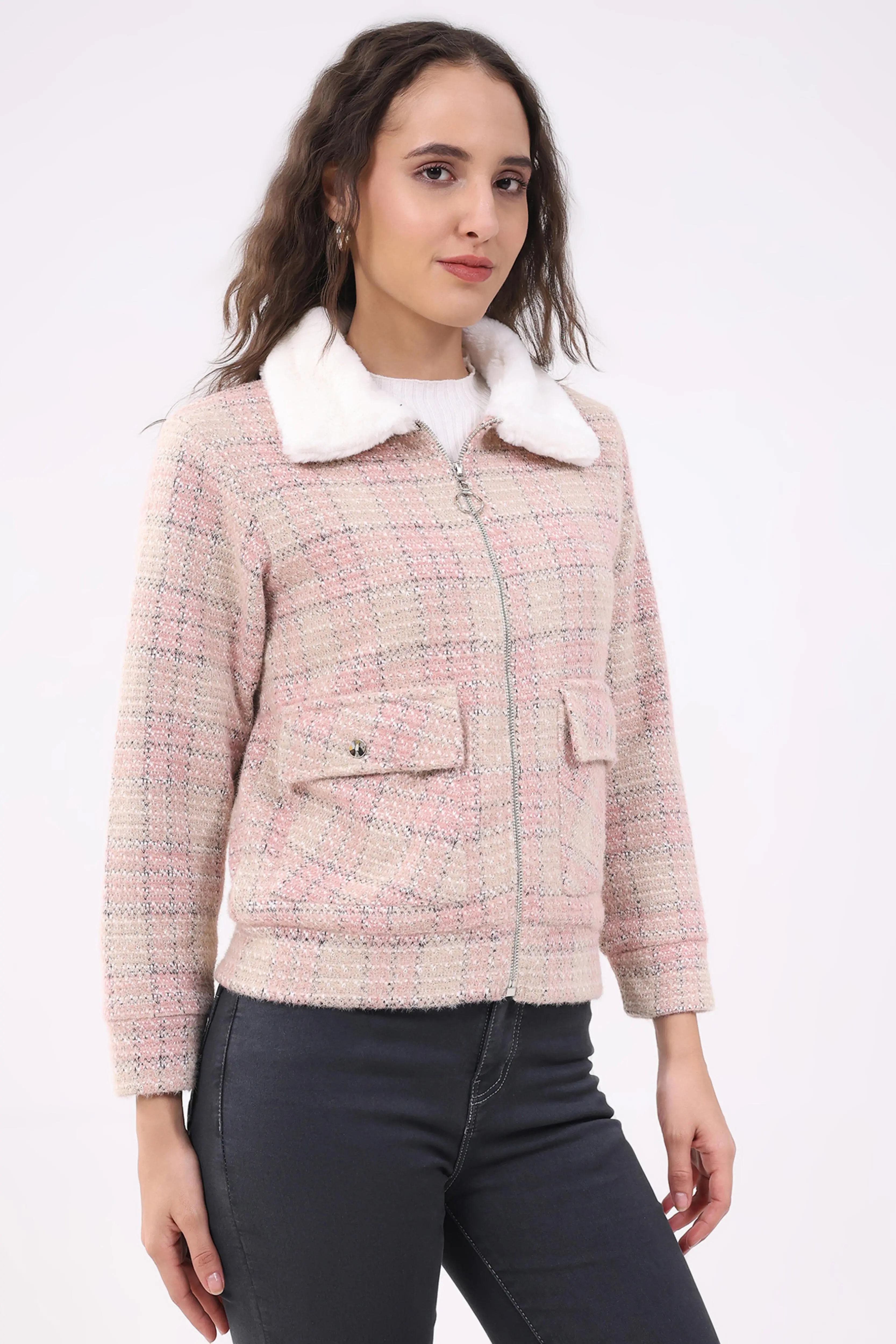 Pink Checked Woven Shacket - Image 3