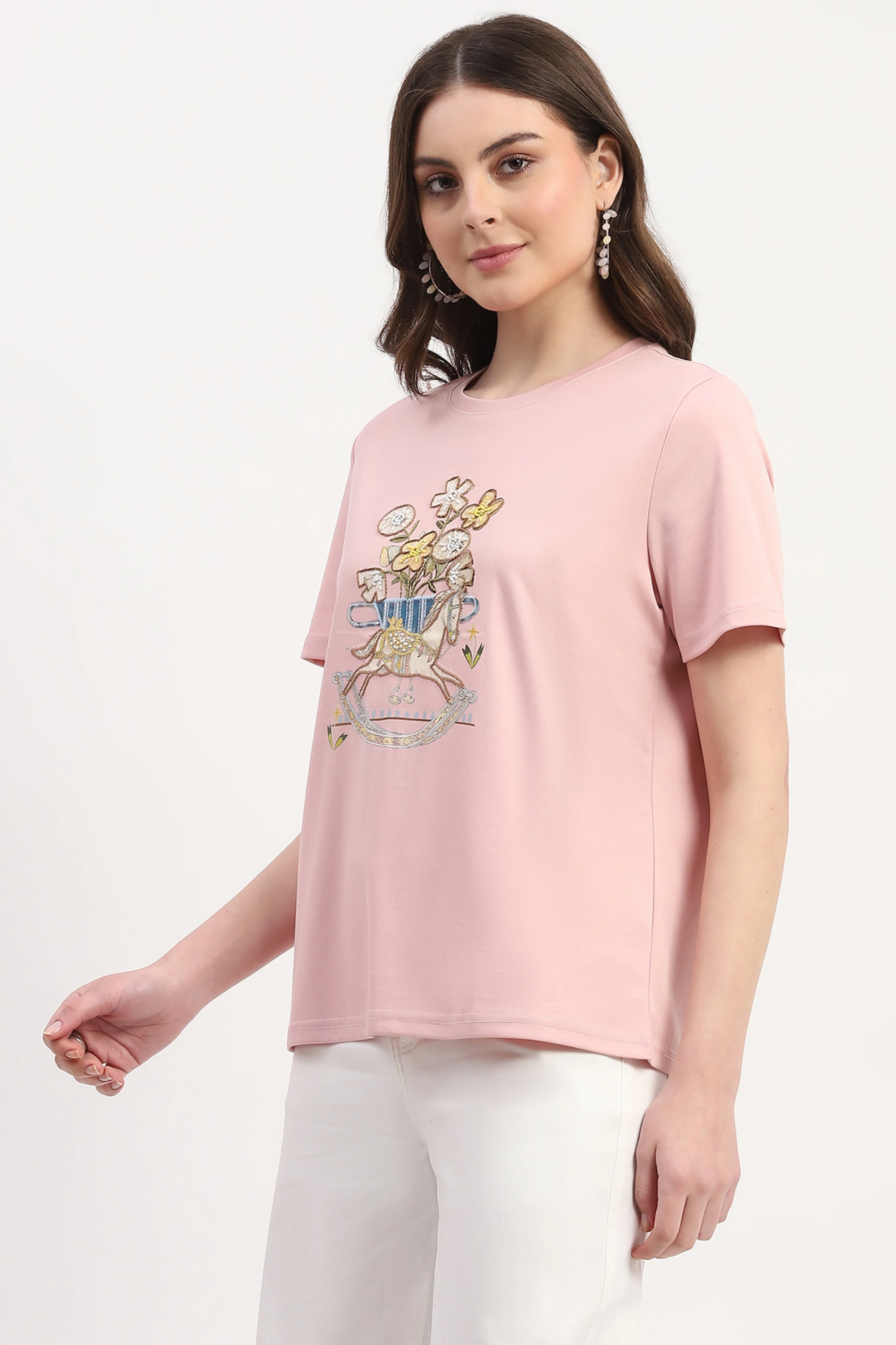 Pink Cotton Blend Print Embroidery Embellishment Top - Image 3