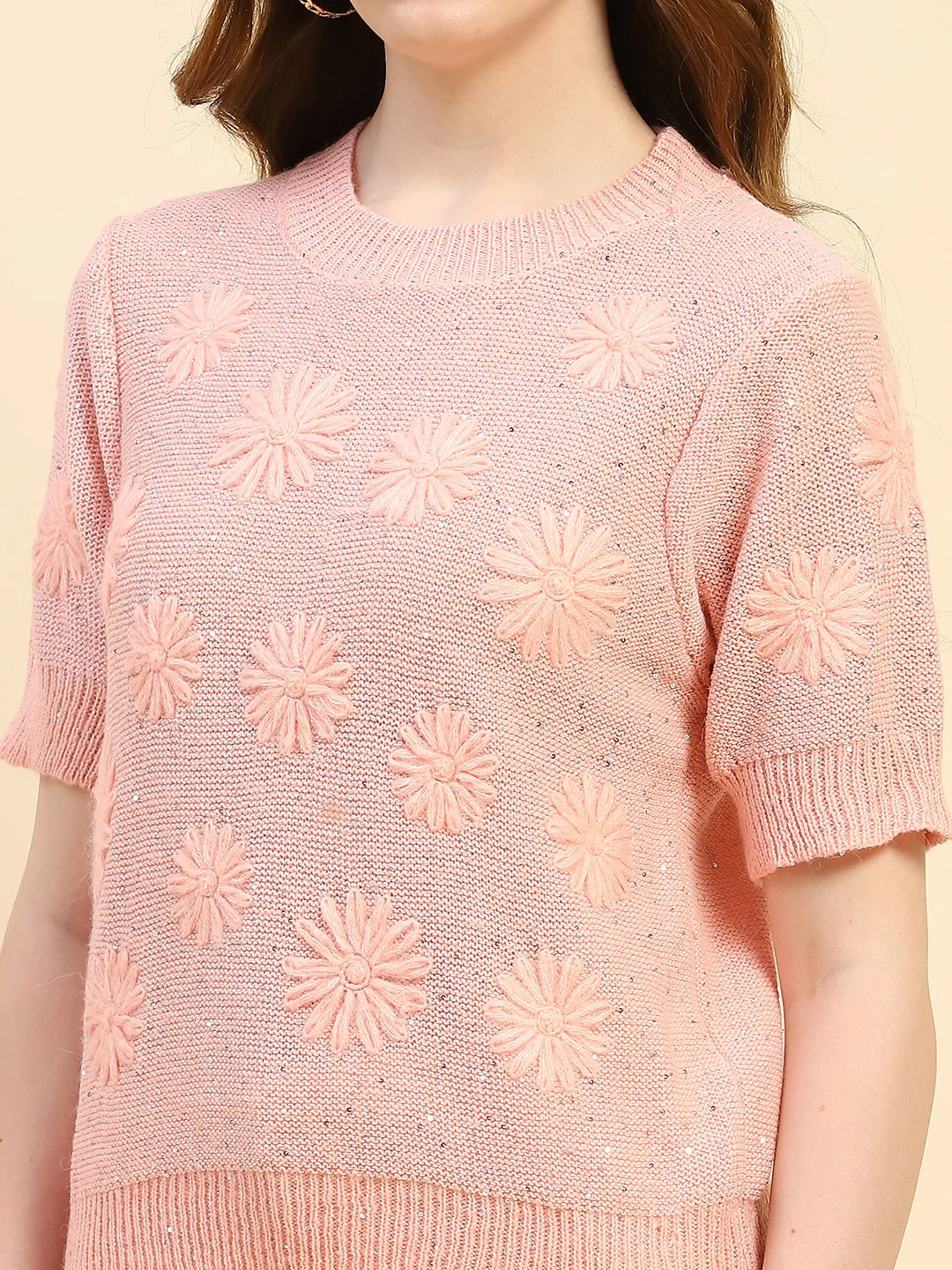 Pink Embroidered Acrylic Blend Pullover - Image 9