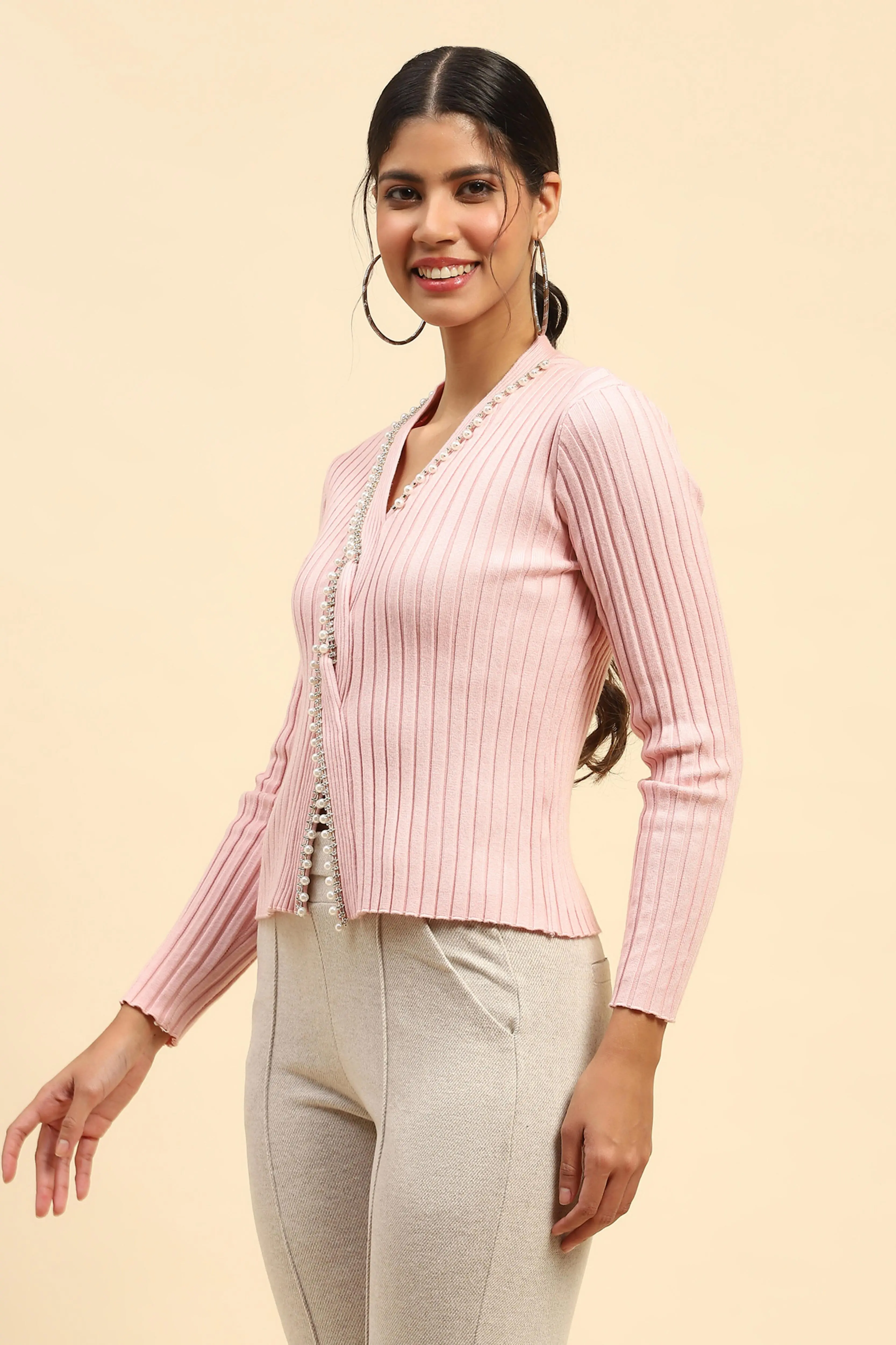 Pink embellished Viscose Crop Pullover - Image 2