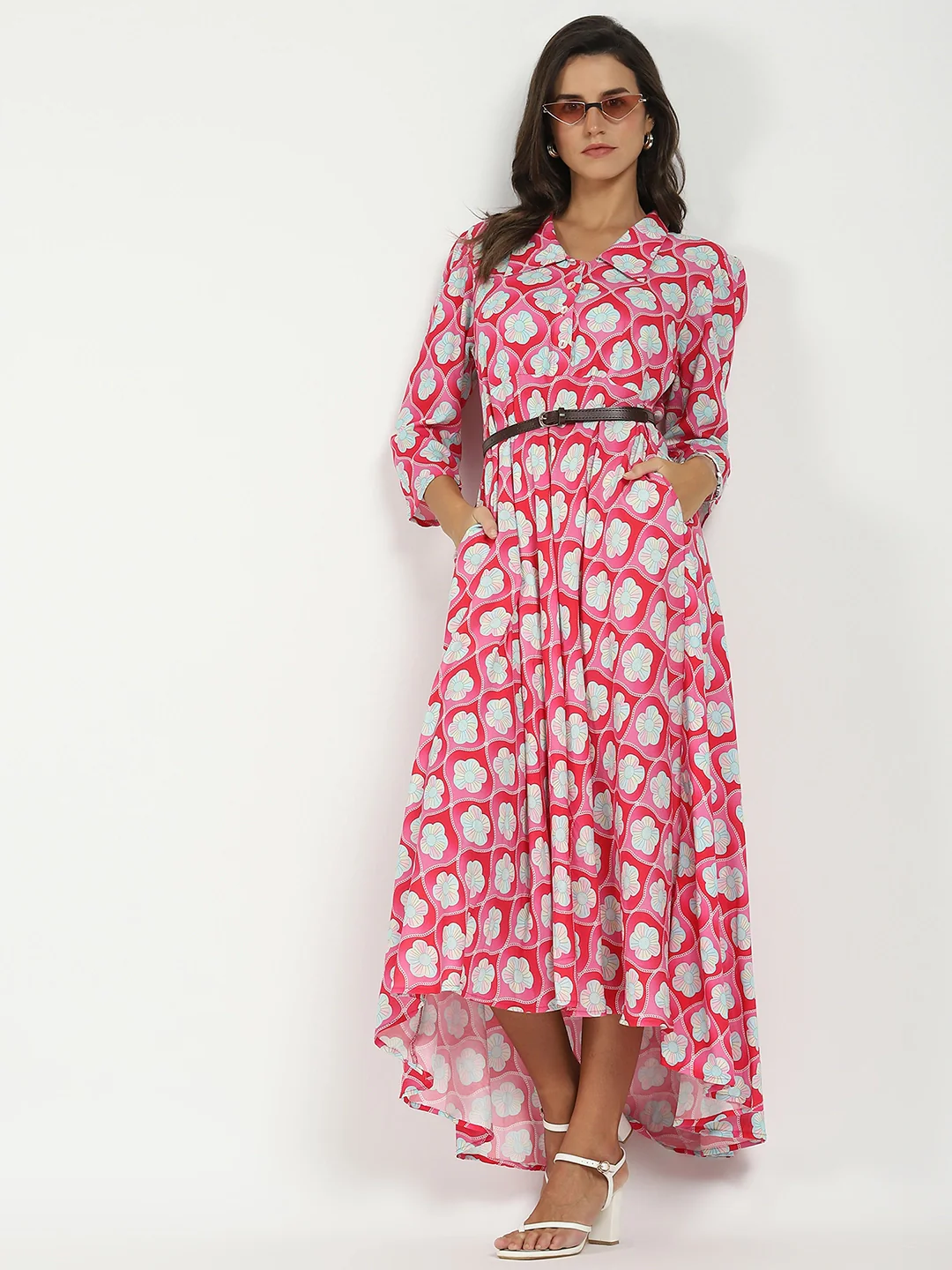 Pink Floral Maxi Dress With Belt - Image 6