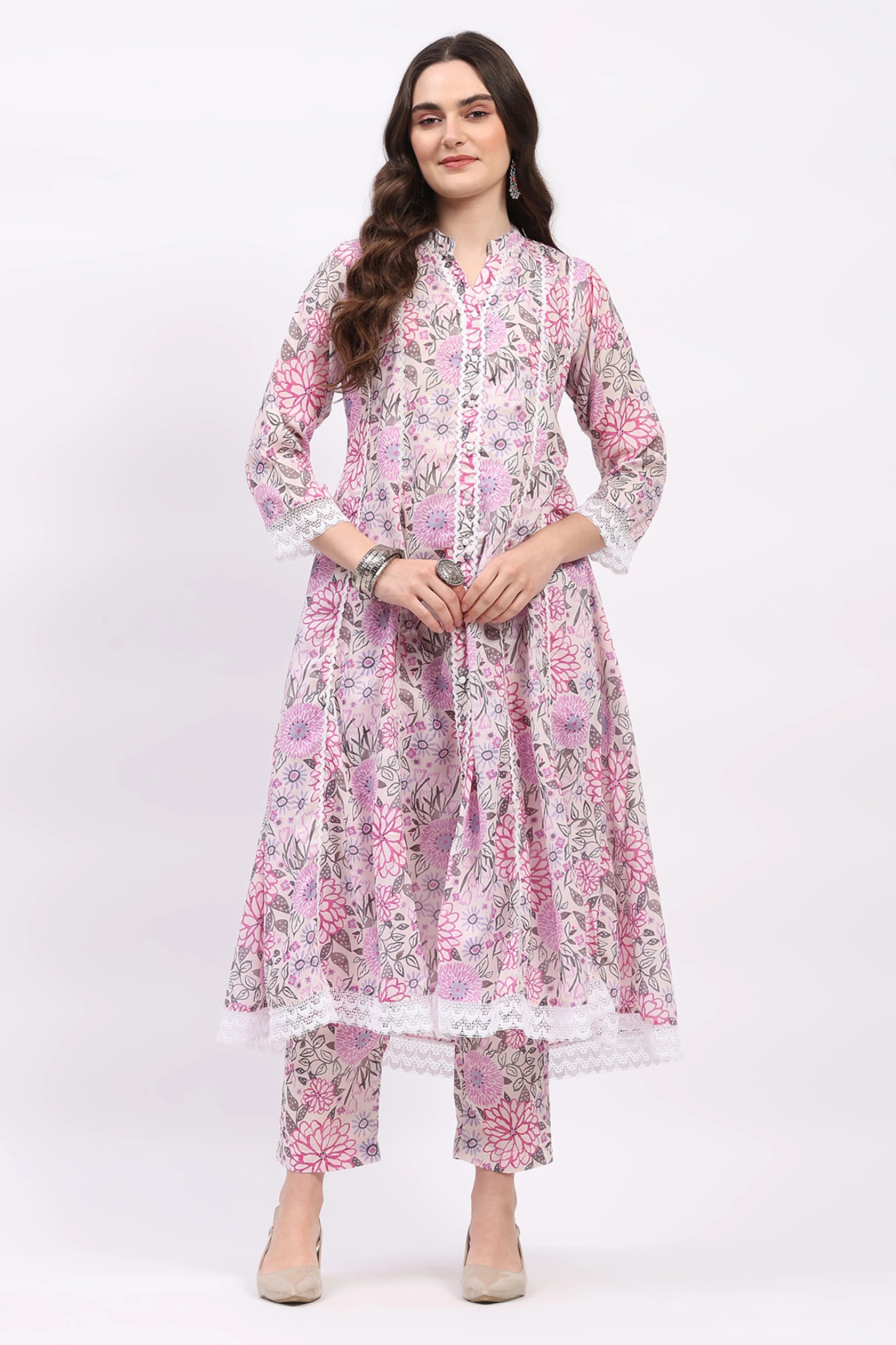 Pink Floral Print Cotton Kurta Set - Image 7