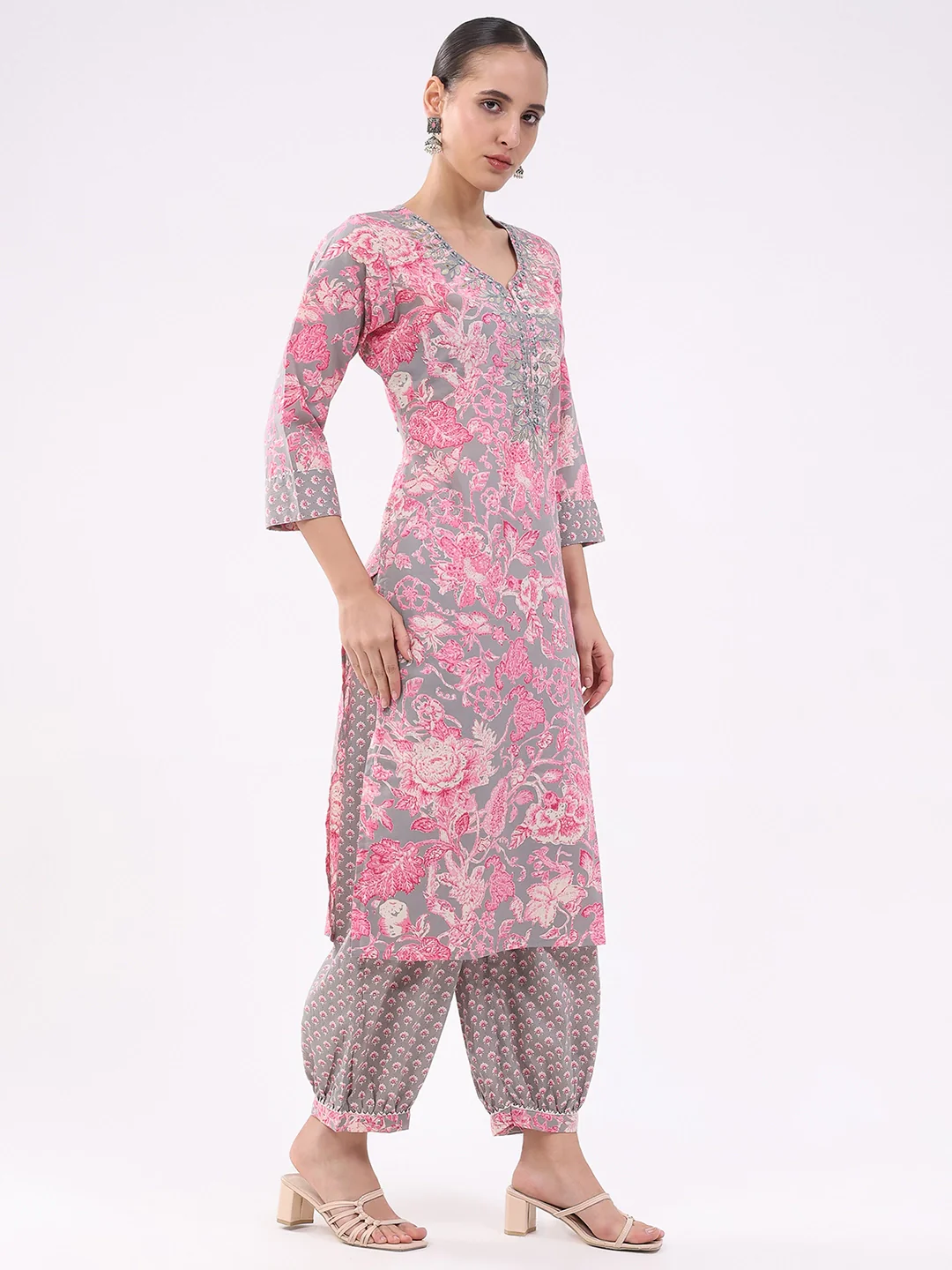 Pink & Grey Floral Cotton Suit Set - Image 9