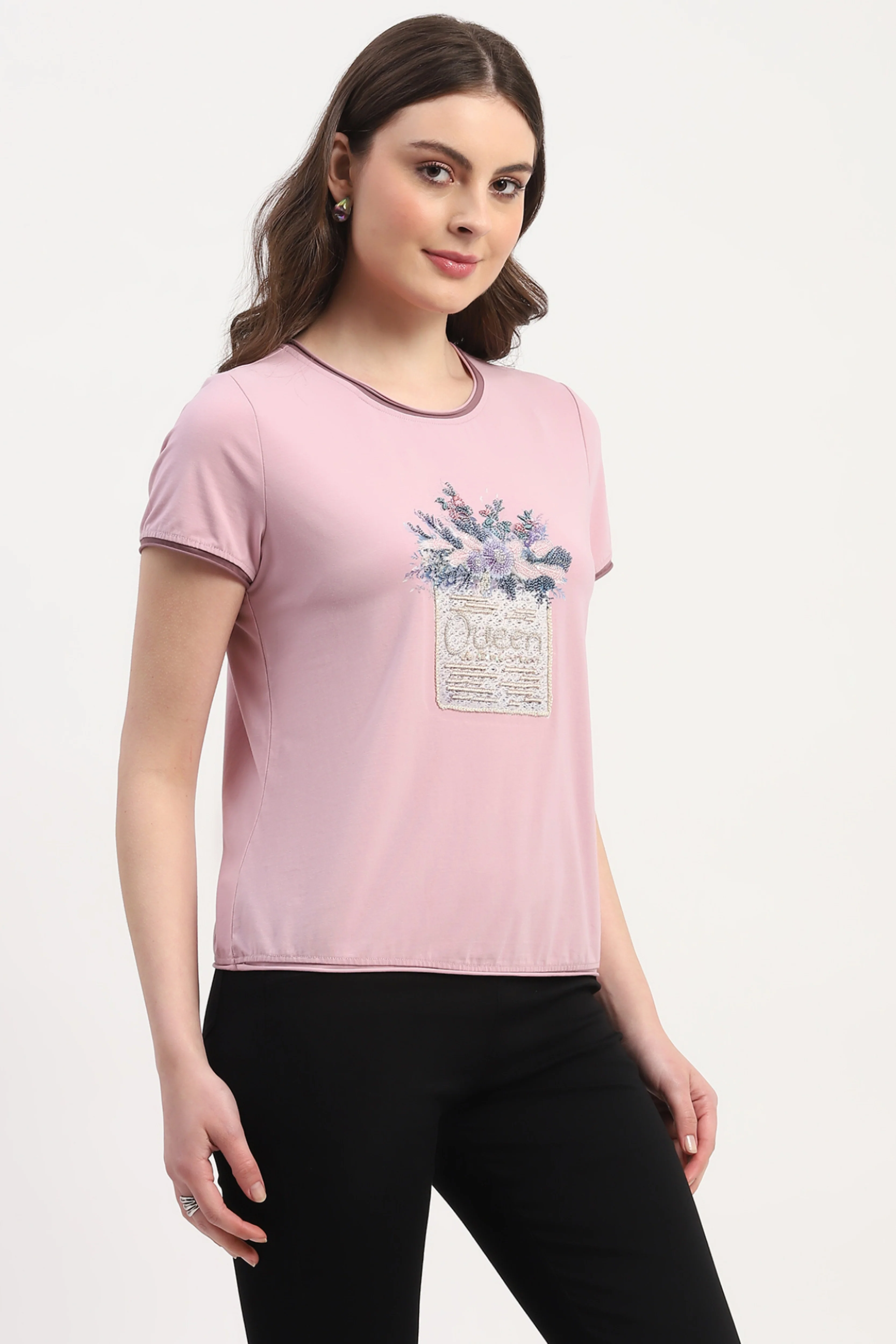 Pink Modal Spandex Printed & Embroidered Top - Image 3