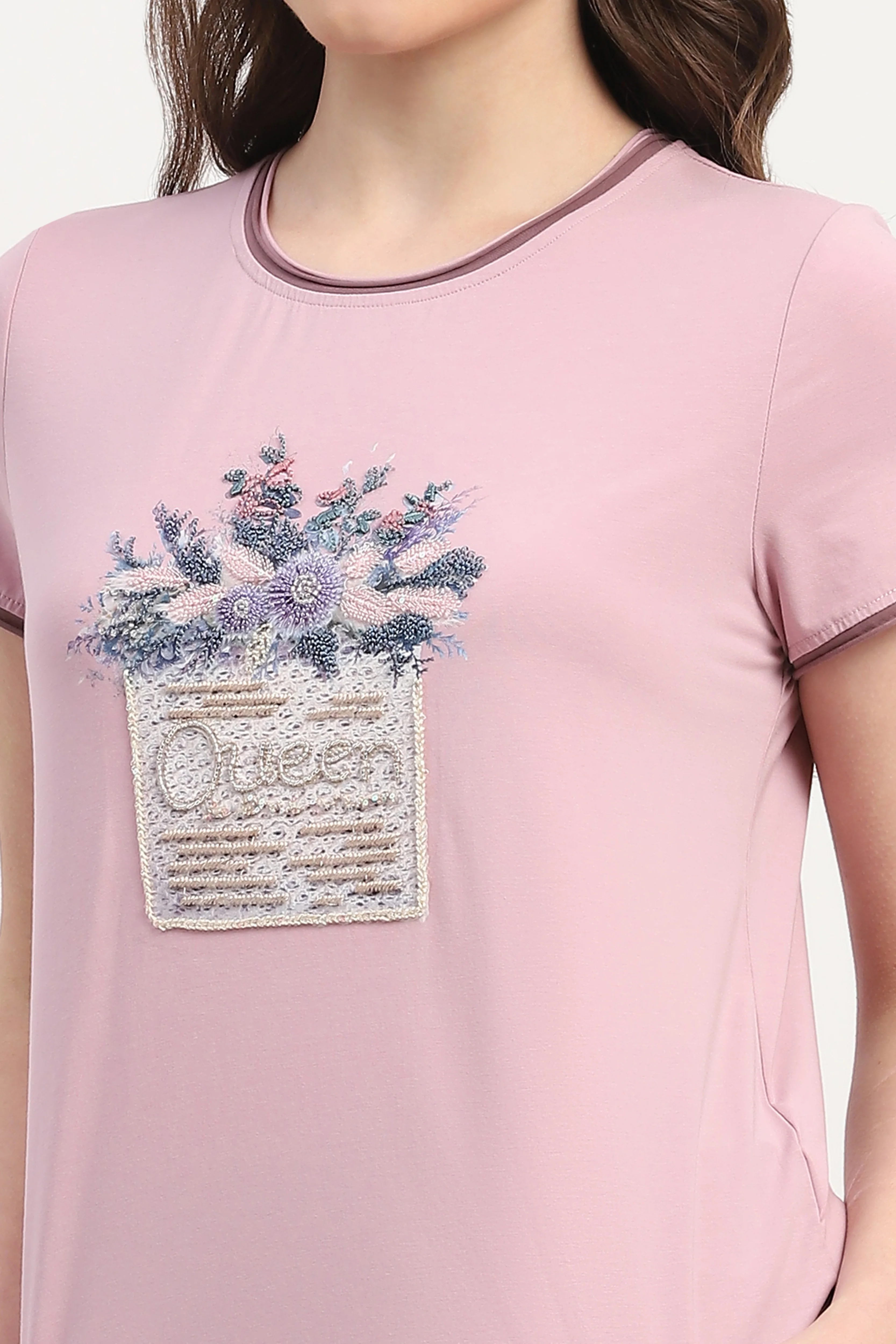 Pink Modal Spandex Printed & Embroidered Top - Image 6