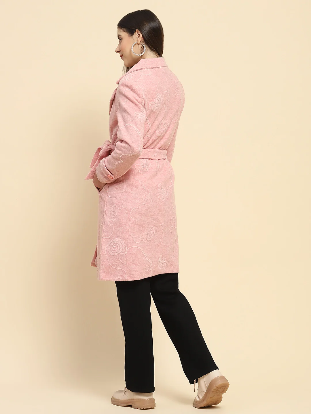 Pink Self Design Long Winter Coat - Image 12