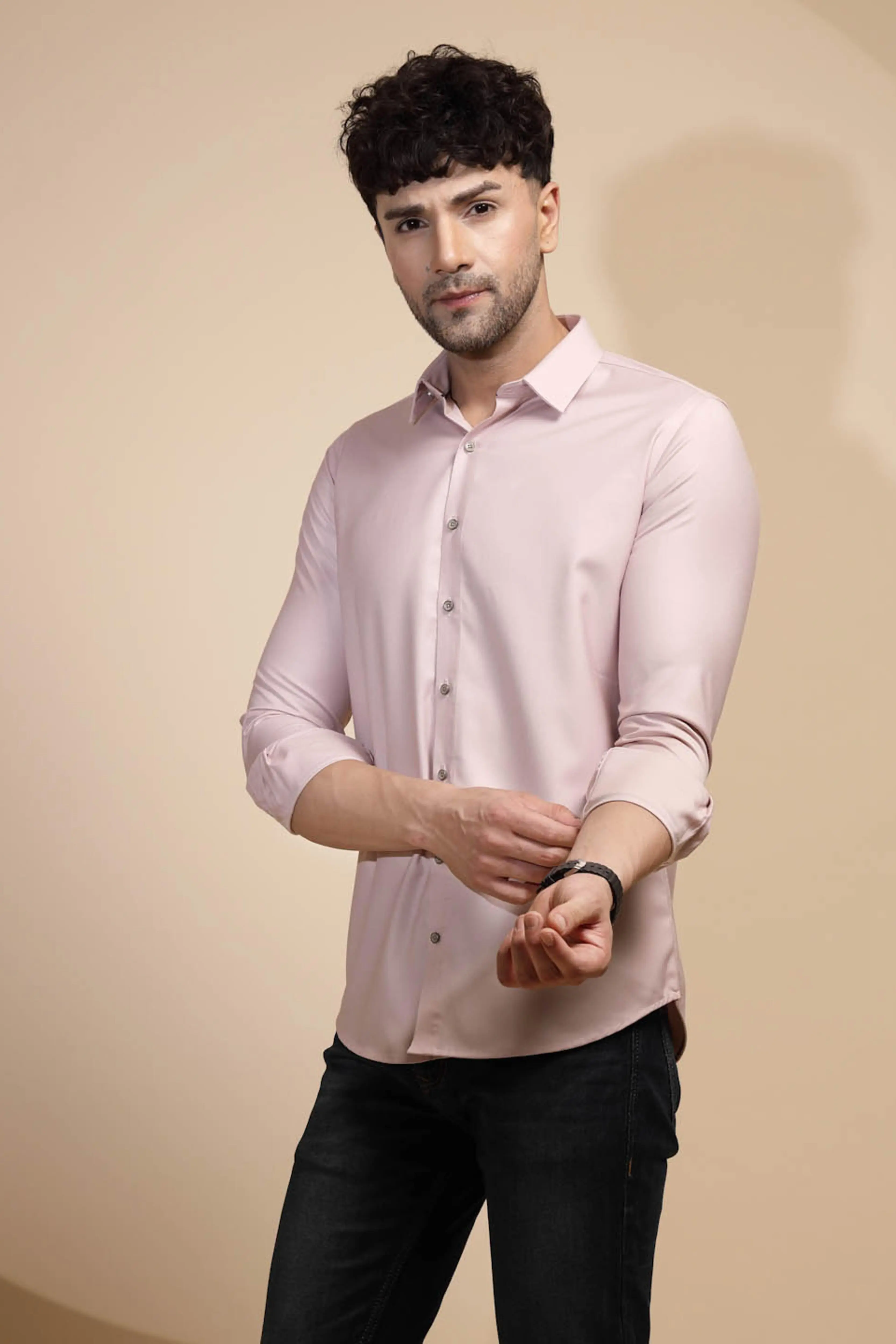 Pink Solid Full Sleeve Collared Neck Cotton Blend Shirt - Image 2