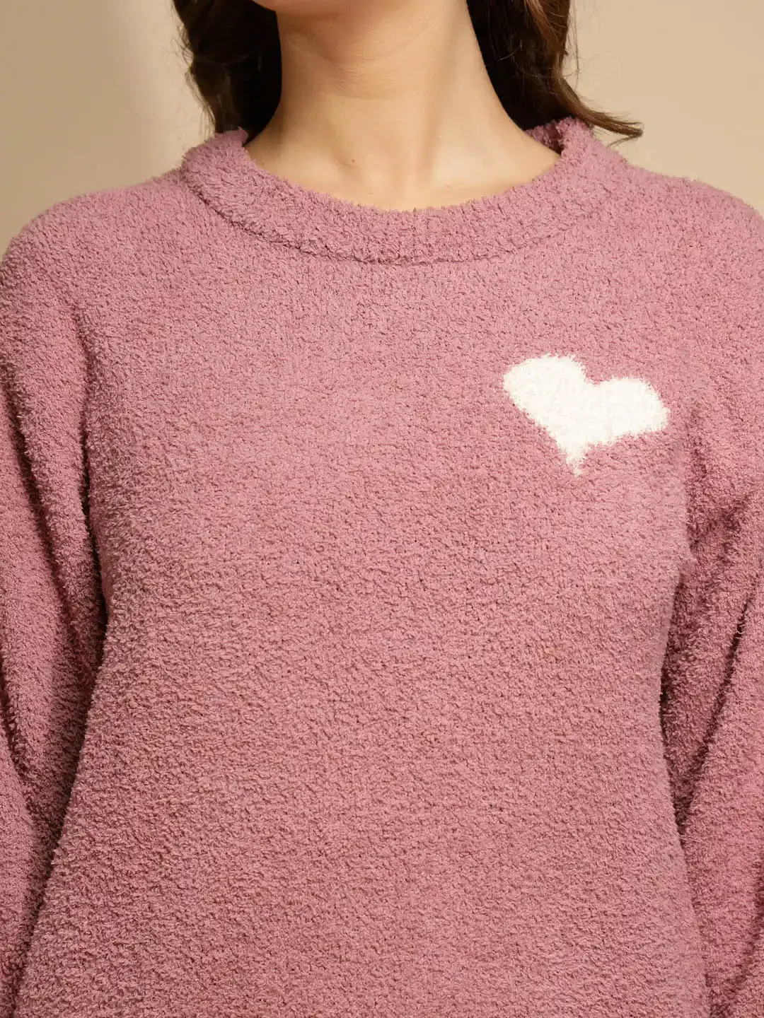 Pink Solid Full Sleeve Round Neck Night Suit - Image 5