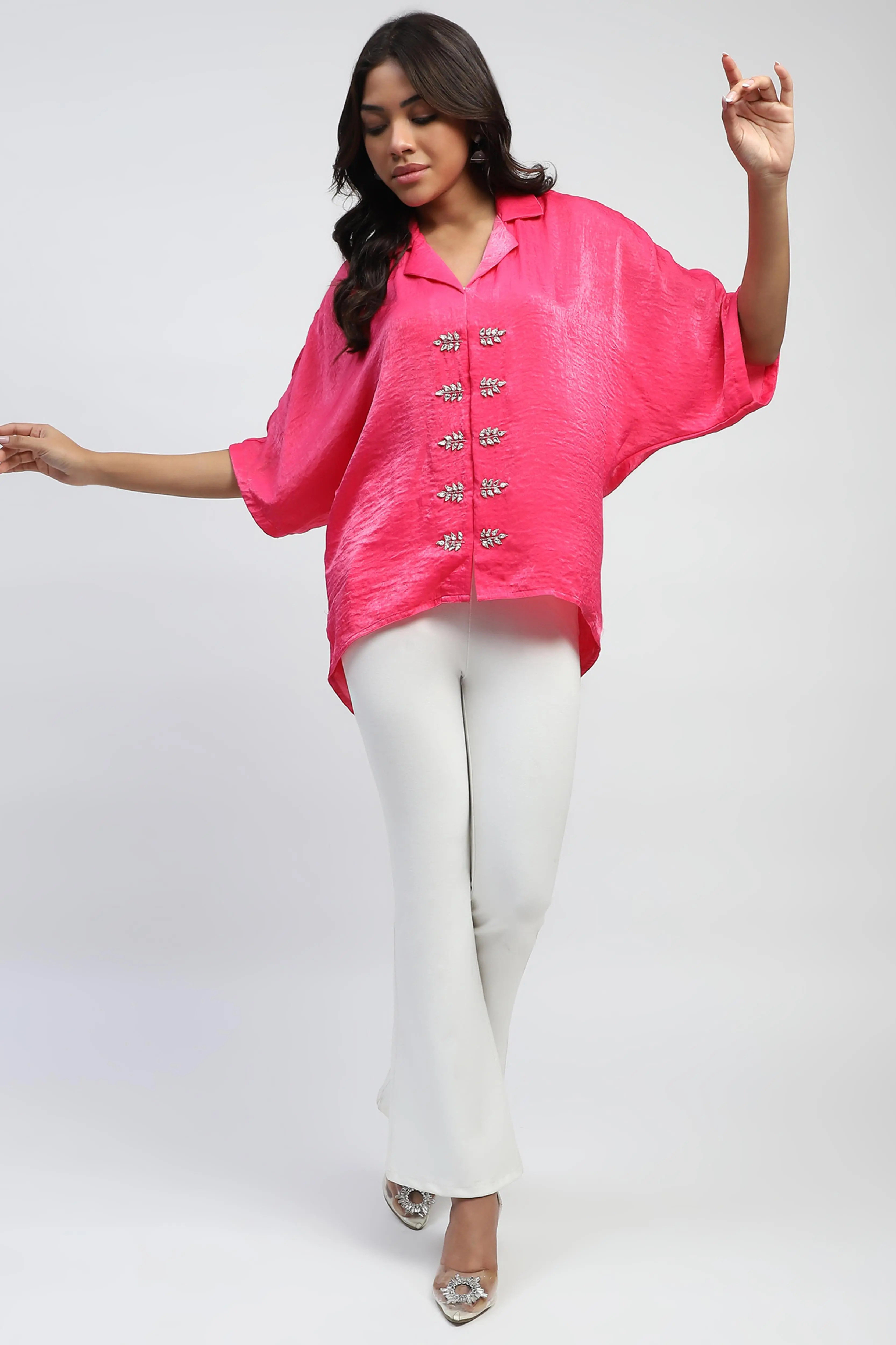 Pink Embellished Satin Oversized Top - Image 6