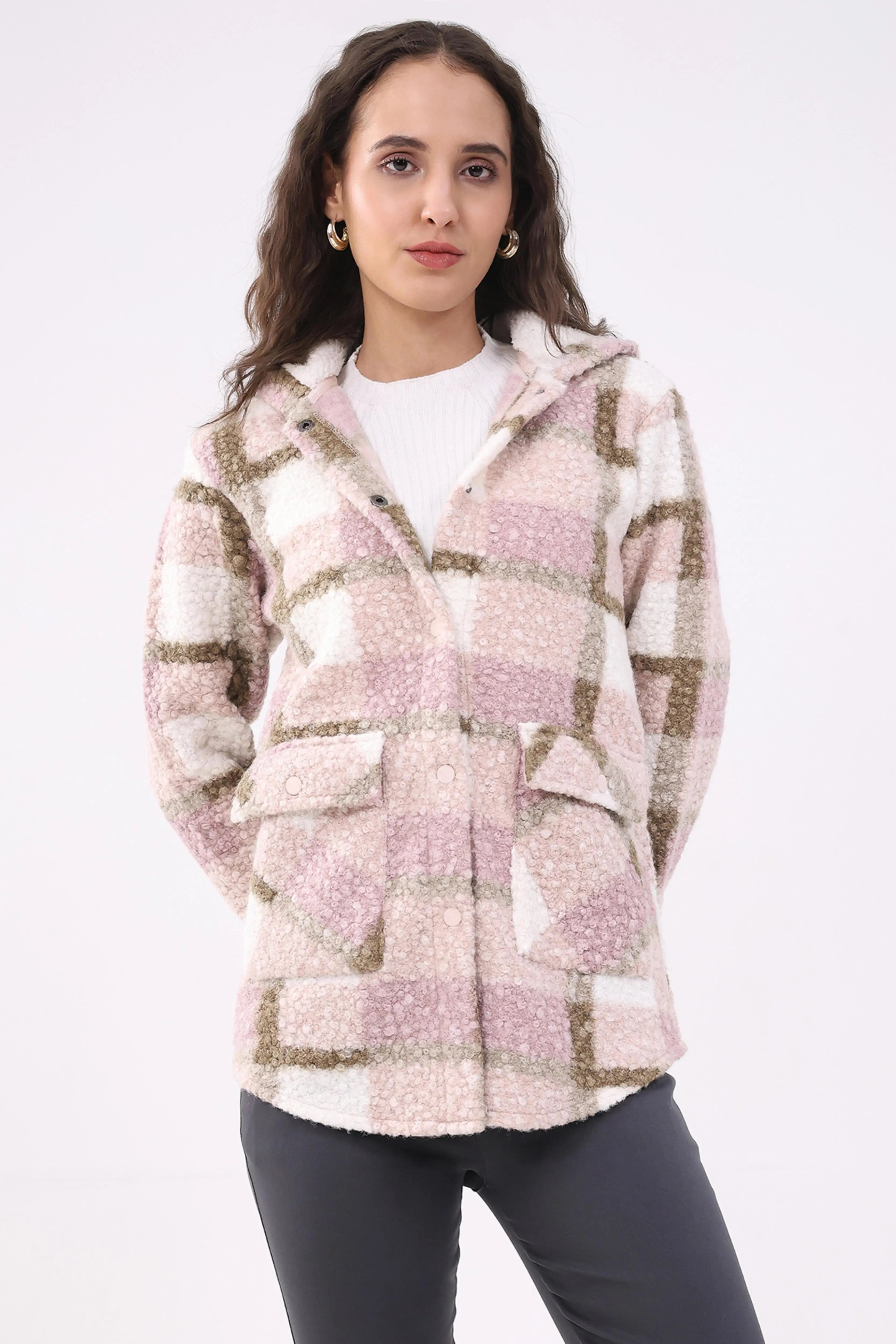 Pink Wool Blend Checked Hooded Jacket