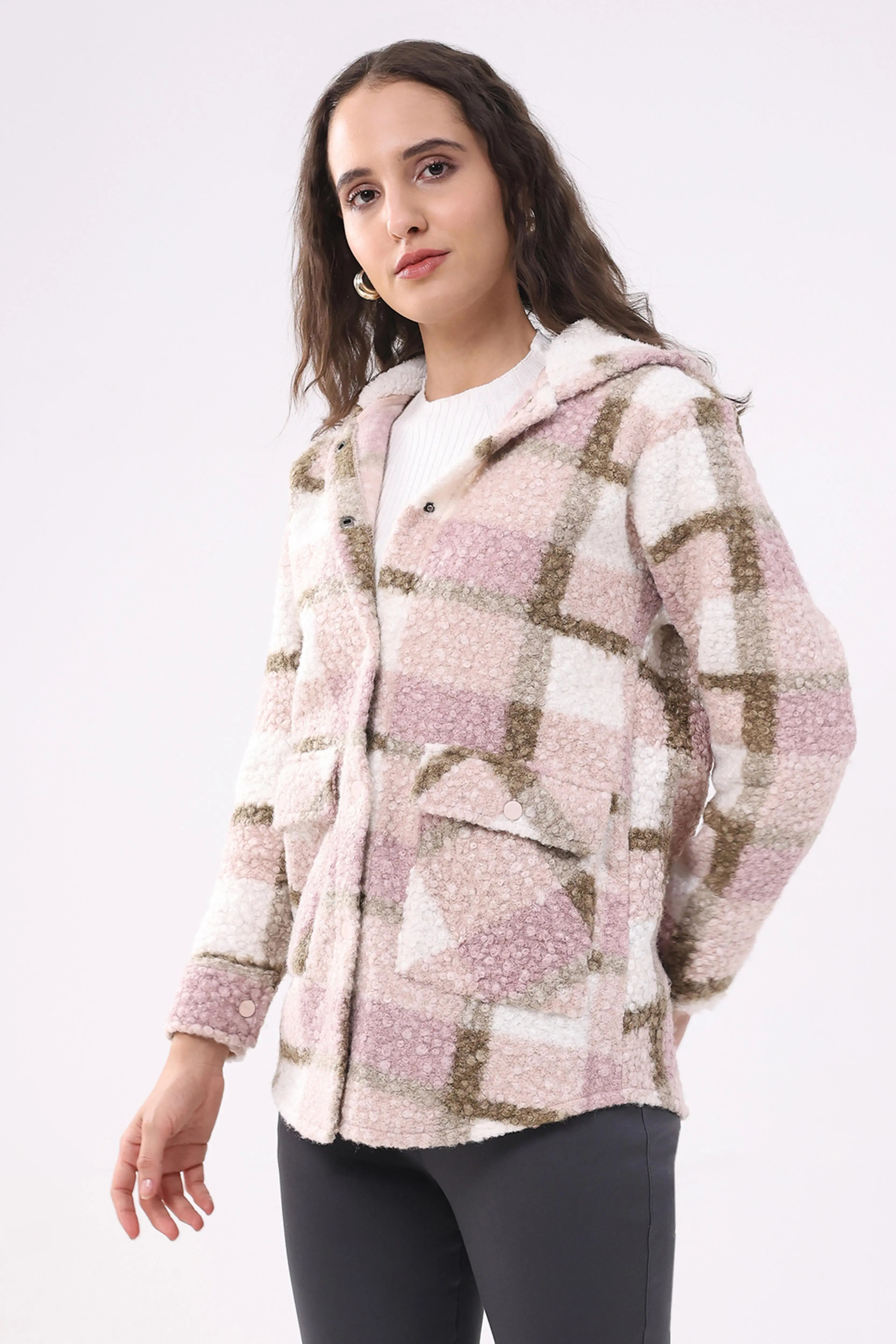 Pink Wool Blend Checked Hooded Jacket - Image 2