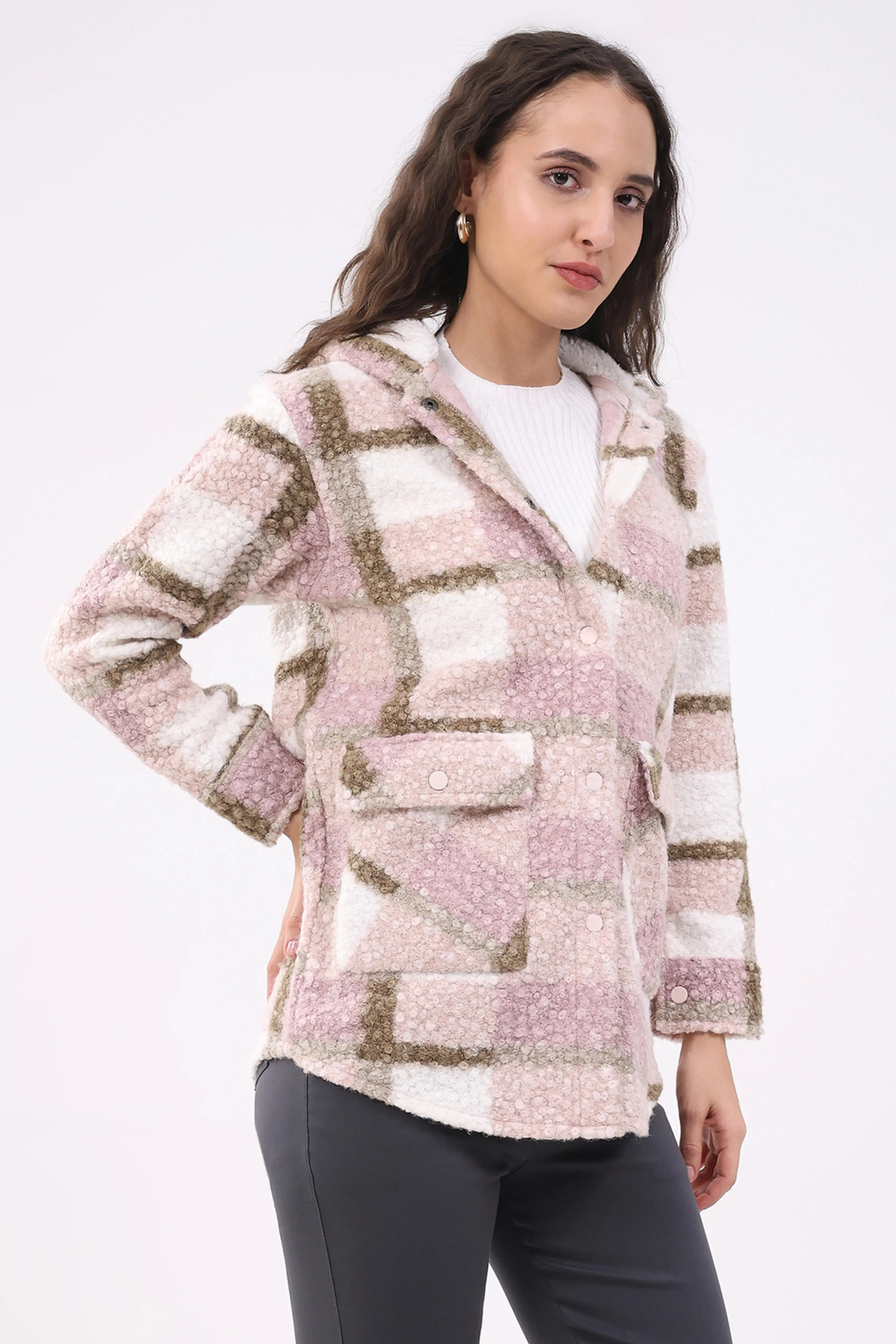 Pink Wool Blend Checked Hooded Jacket - Image 3